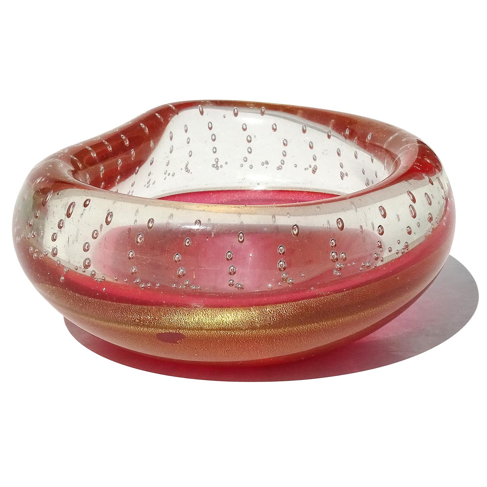 Seguso Murano Vintage Pink Gold Flecks Incalmo Bubble Rim Italian Art Glass Bowl In Good Condition For Sale In Kissimmee, FL