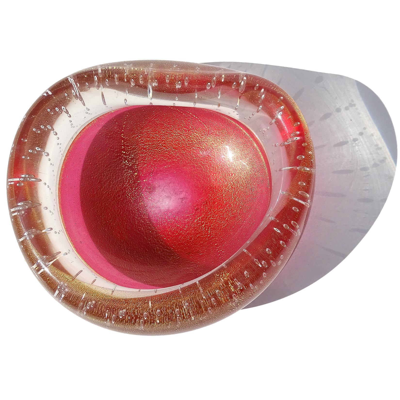 Seguso Murano Vintage Pink Gold Flecks Incalmo Bubble Rim Italian Art Glass Bowl For Sale 1