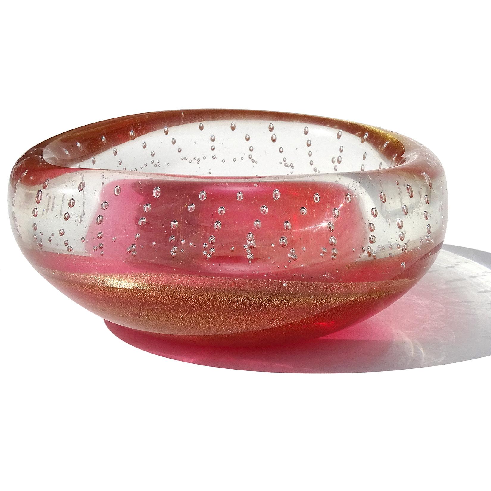 Seguso Murano Vintage Pink Gold Flecks Incalmo Bubble Rim Italian Art Glass Bowl For Sale 2