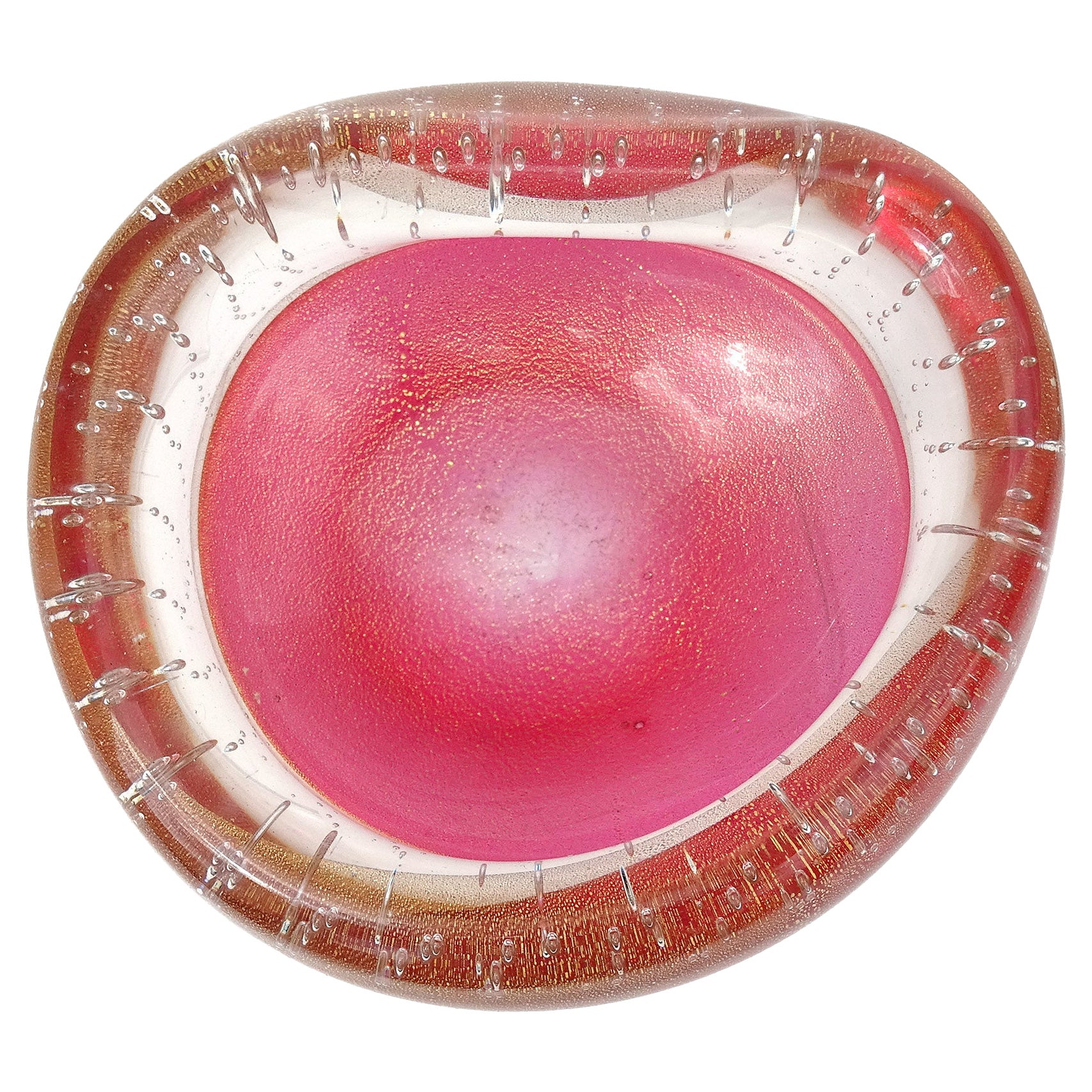 Seguso Murano Vintage Pink Gold Flecks Incalmo Bubble Rim Ciotola in vetro artistico italiano