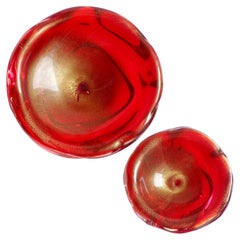 Seguso Murano Retro Red Gold Flecks Italian Art Glass Decorative Bowl Set