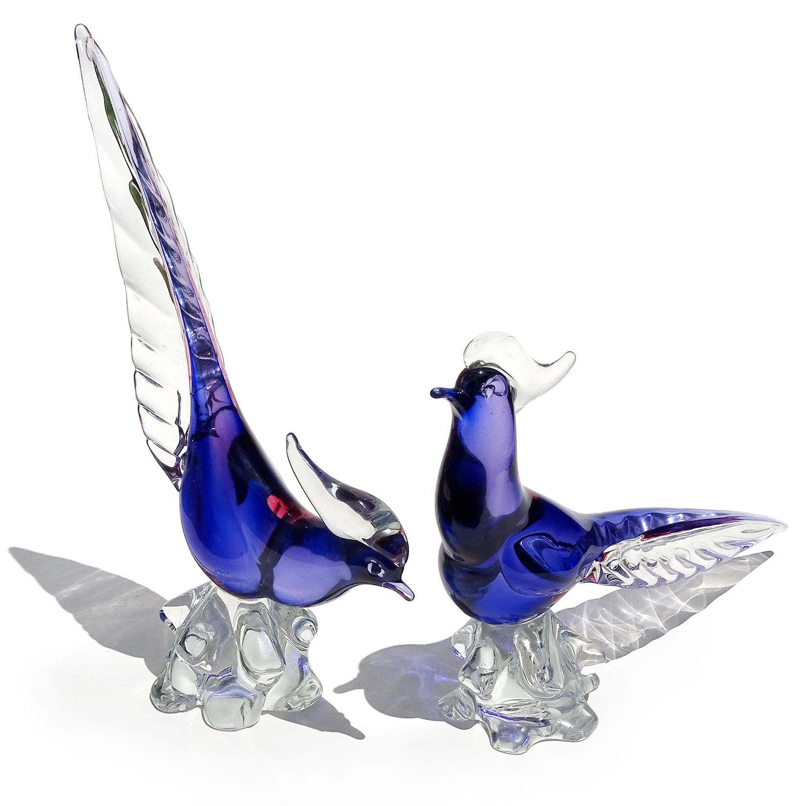 Seguso Murano Vintage Sommerso Blue Rubino Italian Art Glass Bird Sculptures In Good Condition In Kissimmee, FL