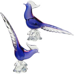 Seguso Murano Vintage Sommerso Blue Rubino Italian Art Glass Bird Sculptures