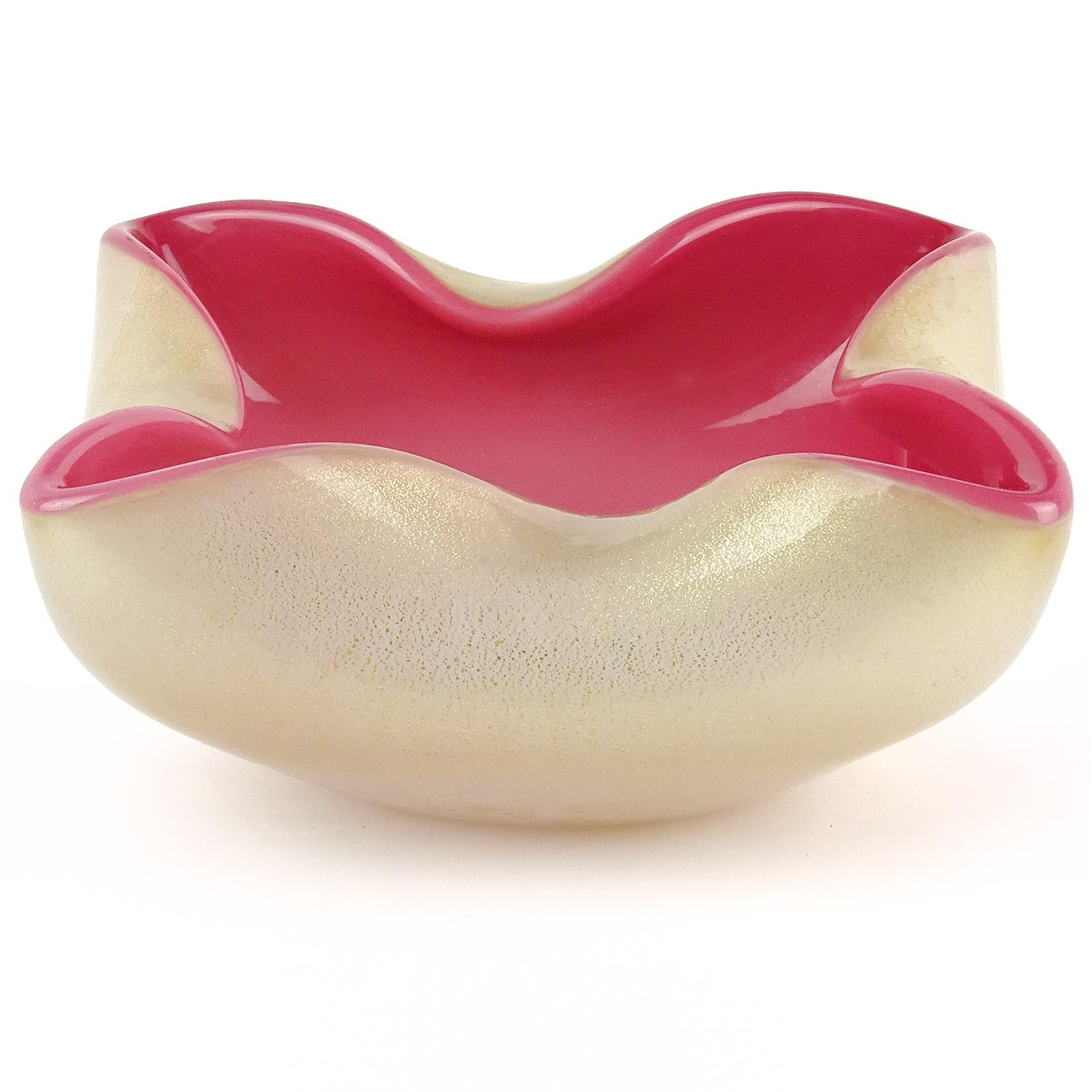 Mid-Century Modern Seguso Murano White Deep Pink Gold Flecks Italian Art Glass Folded Rim Bowl Dish For Sale