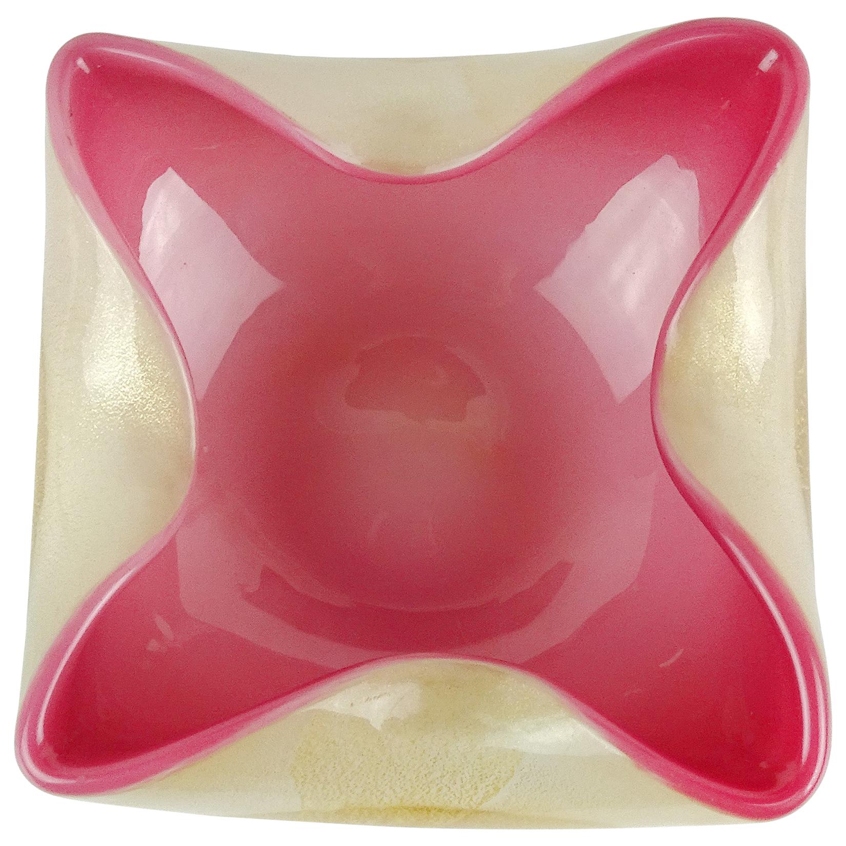 Seguso Murano White Deep Pink Gold Flecks Italian Art Glass Folded Rim Bowl Dish For Sale