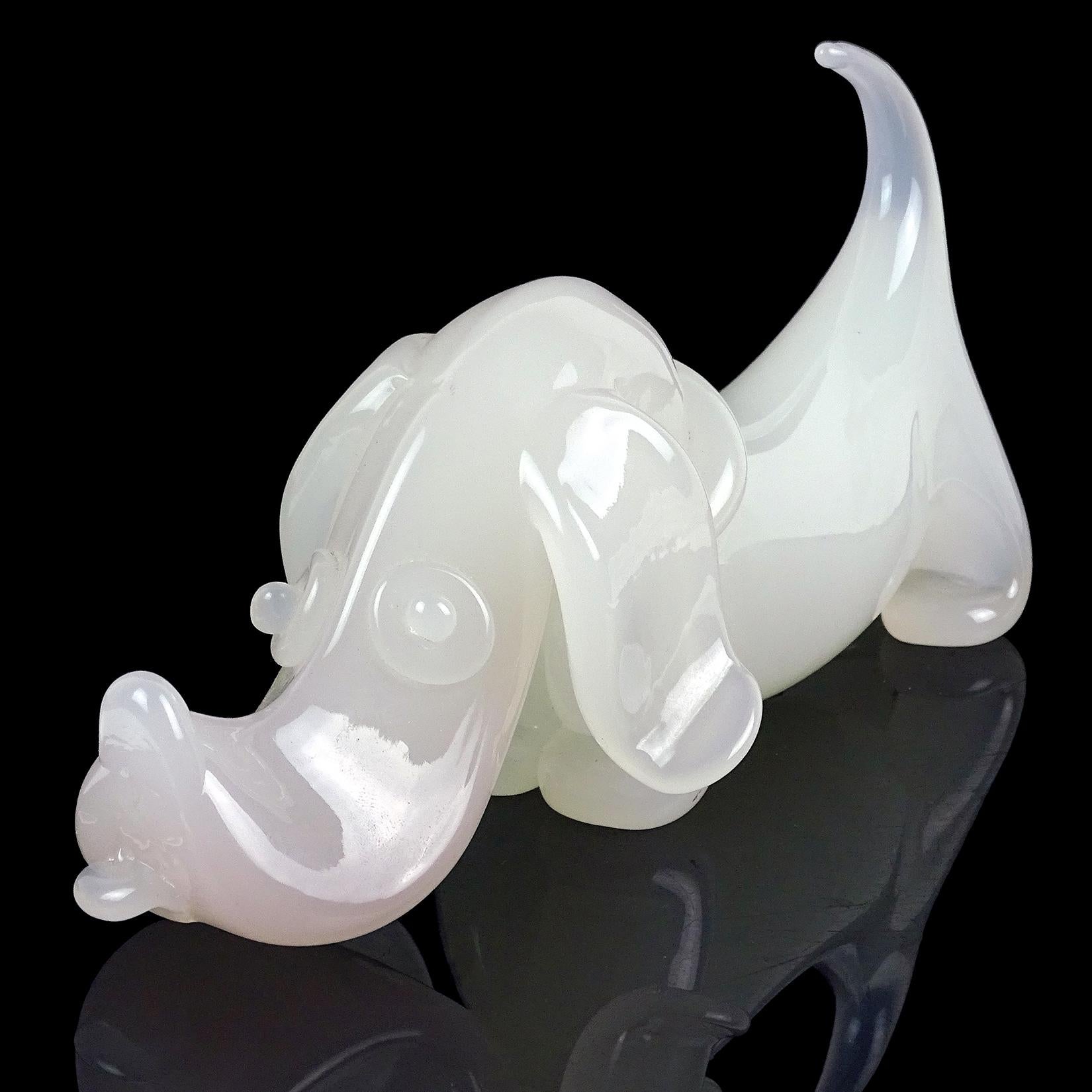 Beautiful and cute Murano hand blown opalescent white Italian art glass Dachshund puppy dog sculpture. Documented to designer Archimede Seguso, in his 