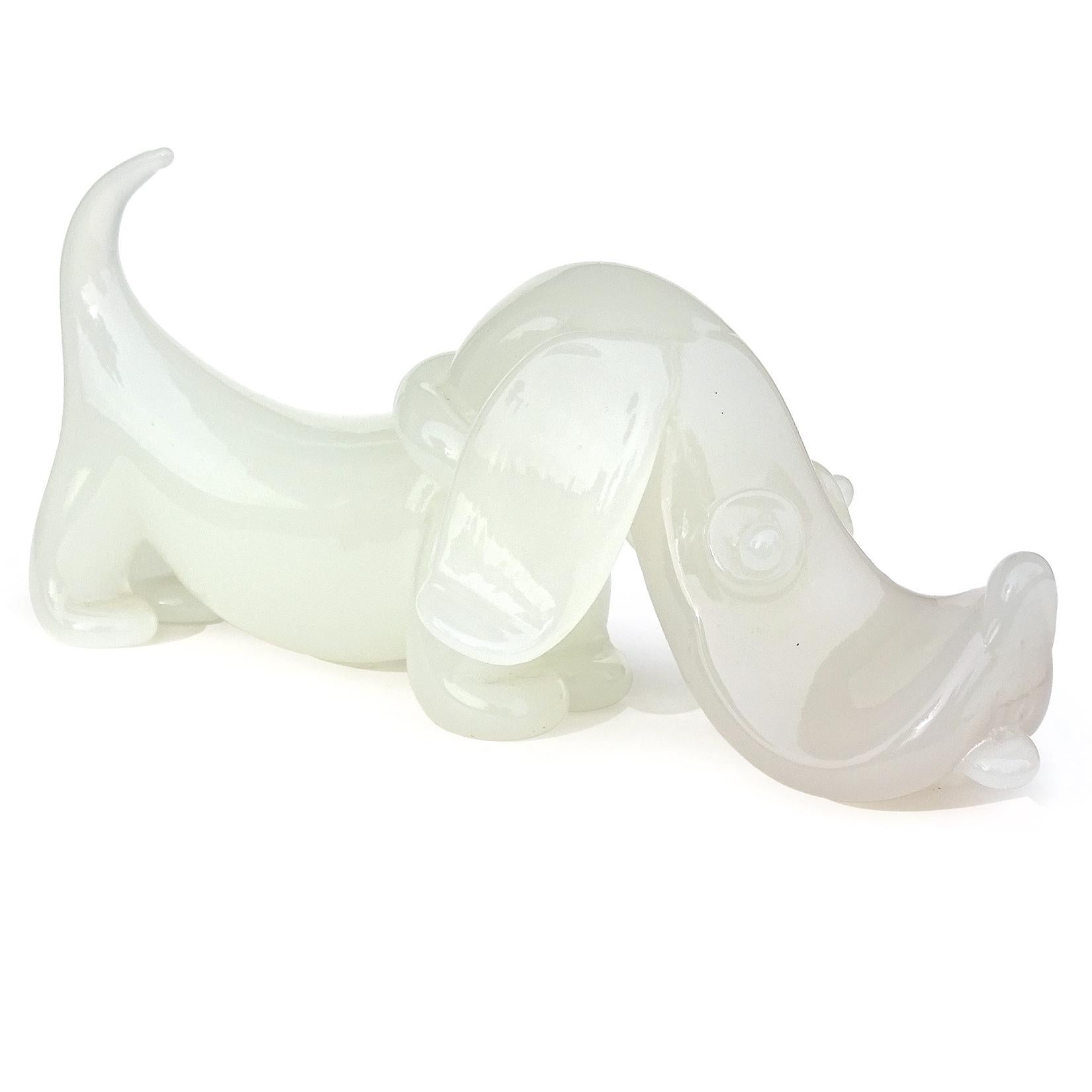 Hand-Crafted Seguso Murano White Opalescent Italian Art Glass Dachshund Puppy Dog Sculpture