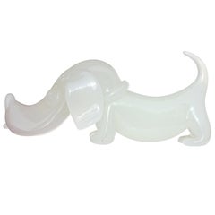 Seguso Murano White Opalescent Italian Art Glass Dachshund Puppy Dog Sculpture