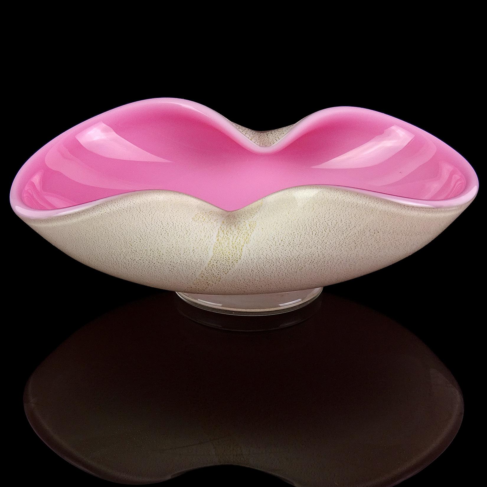 Mid-Century Modern Seguso Murano White Pink Gold Flecks Italian Art Glass Footed Bowl Dish