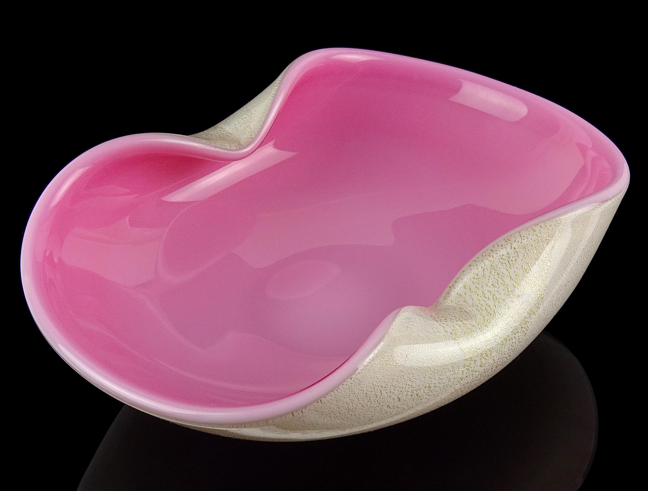 Hand-Crafted Seguso Murano White Pink Gold Flecks Italian Art Glass Footed Bowl Dish