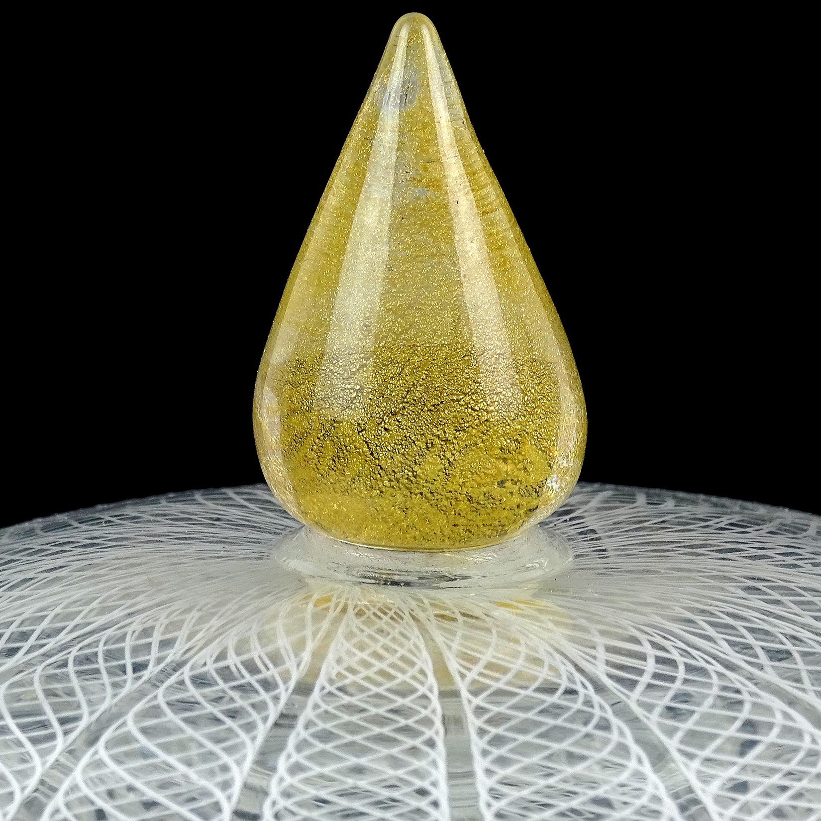 Hand-Crafted Seguso Murano White Ribbons Gold Leaf Italian Art Glass Perfume Jar Vanity Set
