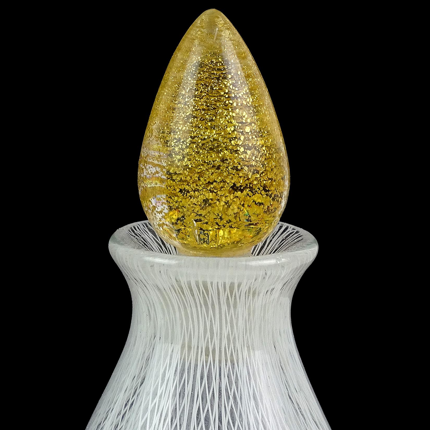 Seguso Murano White Ribbons Gold Leaf Italian Art Glass Perfume Jar Vanity Set In Good Condition In Kissimmee, FL