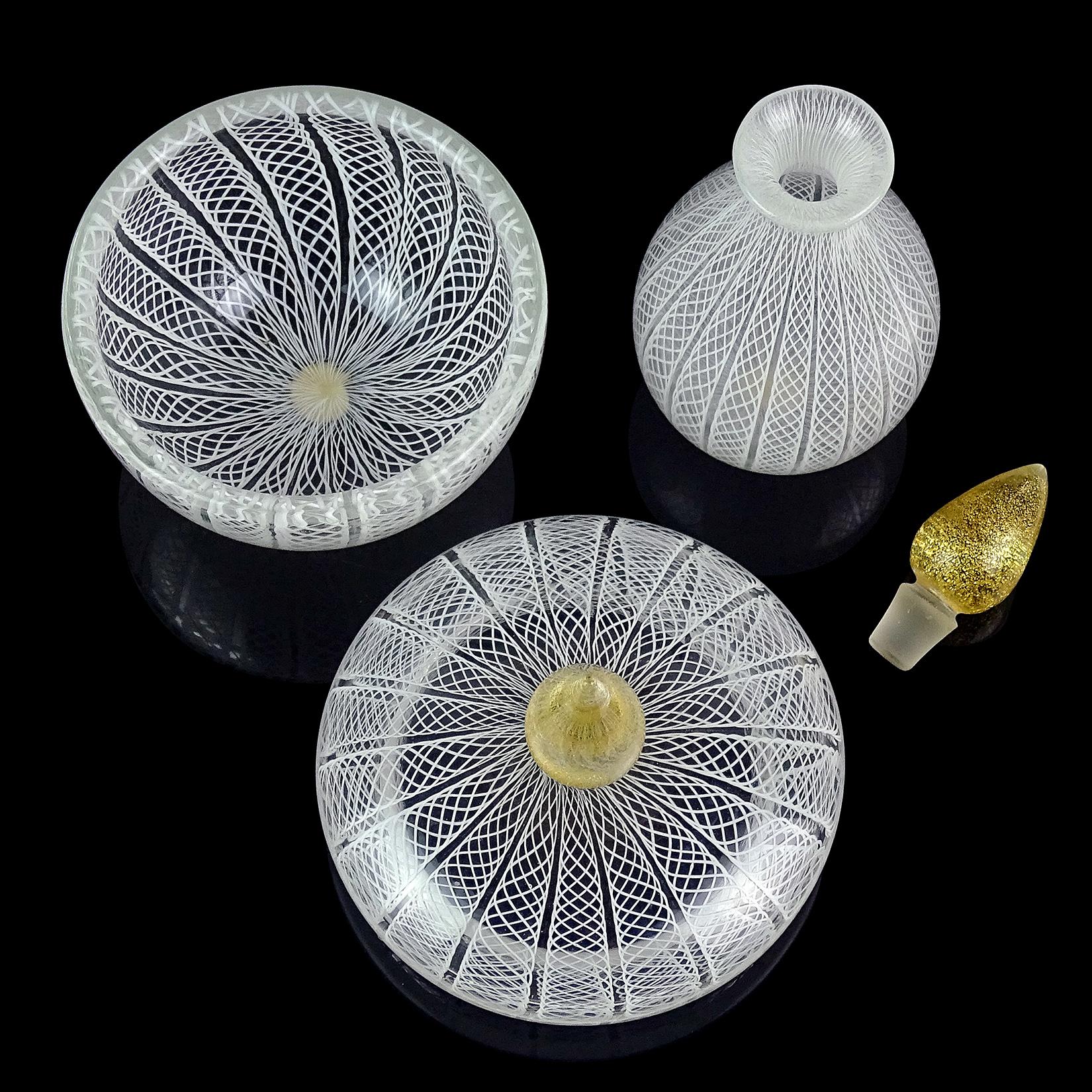 20th Century Seguso Murano White Ribbons Gold Leaf Italian Art Glass Perfume Jar Vanity Set