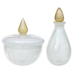 Seguso Murano White Ribbons Gold Leaf Italian Art Glass Perfume Jar Vanity Set