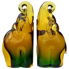 Seguso Murano Yellow Amber Green Sommerso Italian Art Glass Elephant Bookends