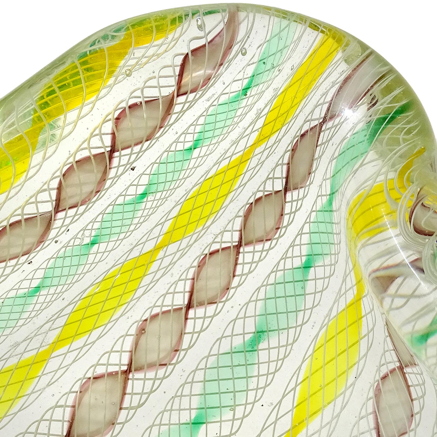 Hand-Crafted Seguso Murano Yellow Green Purple White Twisting Ribbons Italian Art Glass Bowl