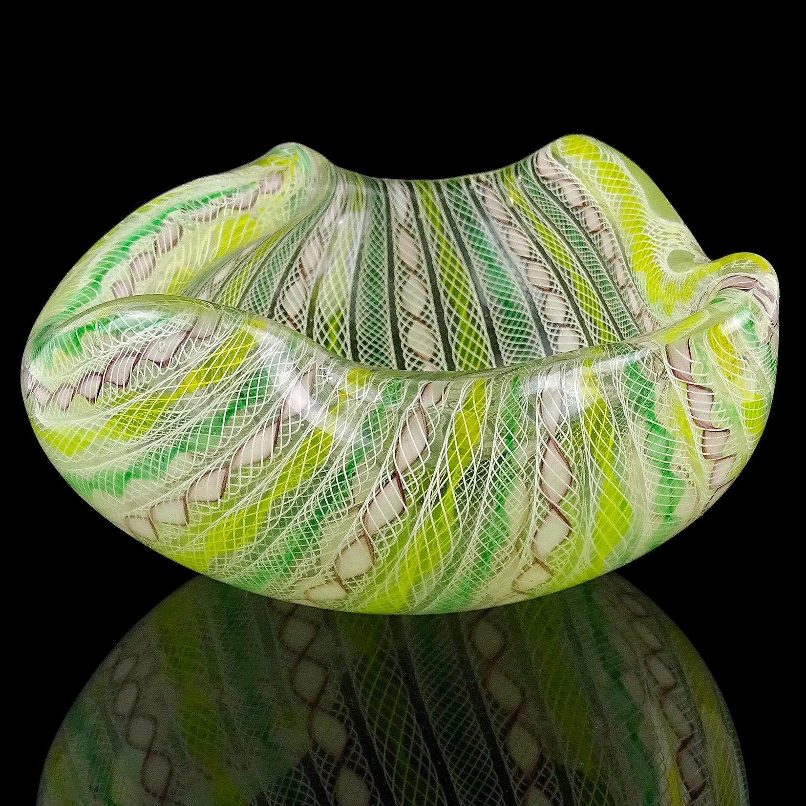 Seguso Murano Yellow Green Purple White Twisting Ribbons Italian Art Glass Bowl 1