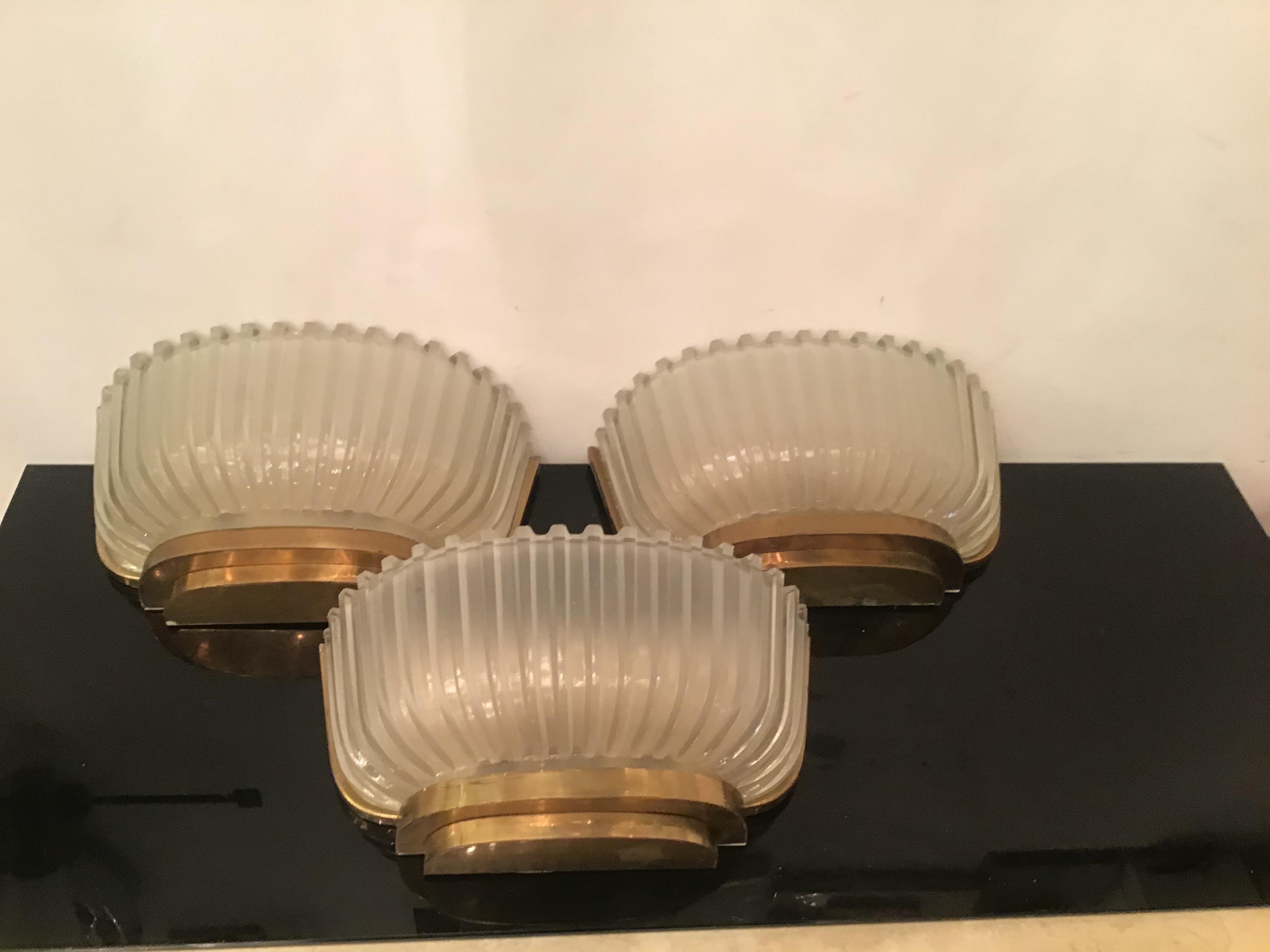 Italian Seguso n. 5 Sconces Brass Glass, 1930, Italy For Sale