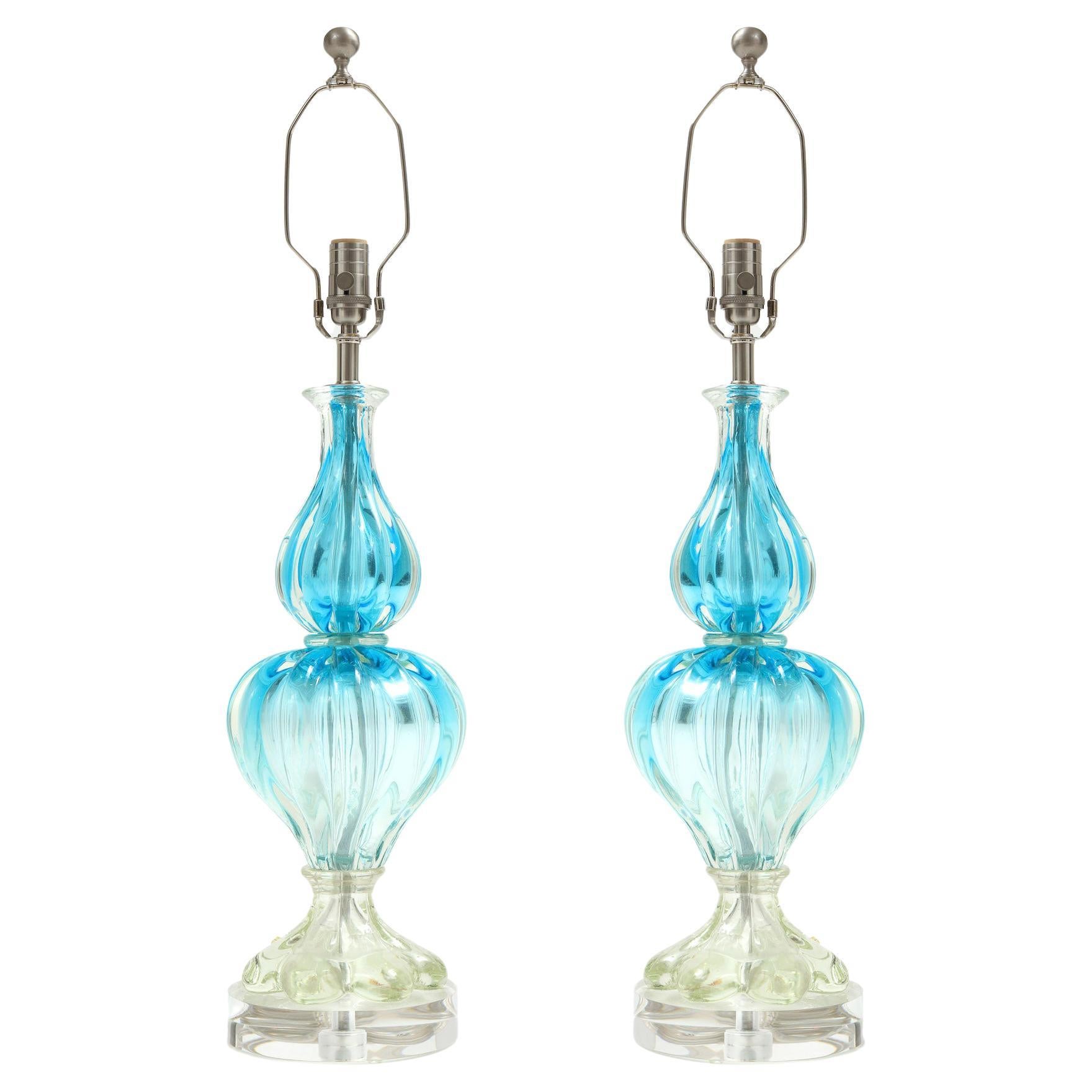 Seguso Ocean Blue, Clear Murano Lamps For Sale