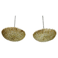 Antique Seguso, pair od large Mid-century Gold Murano glass flowers ceiling lamps. Italy