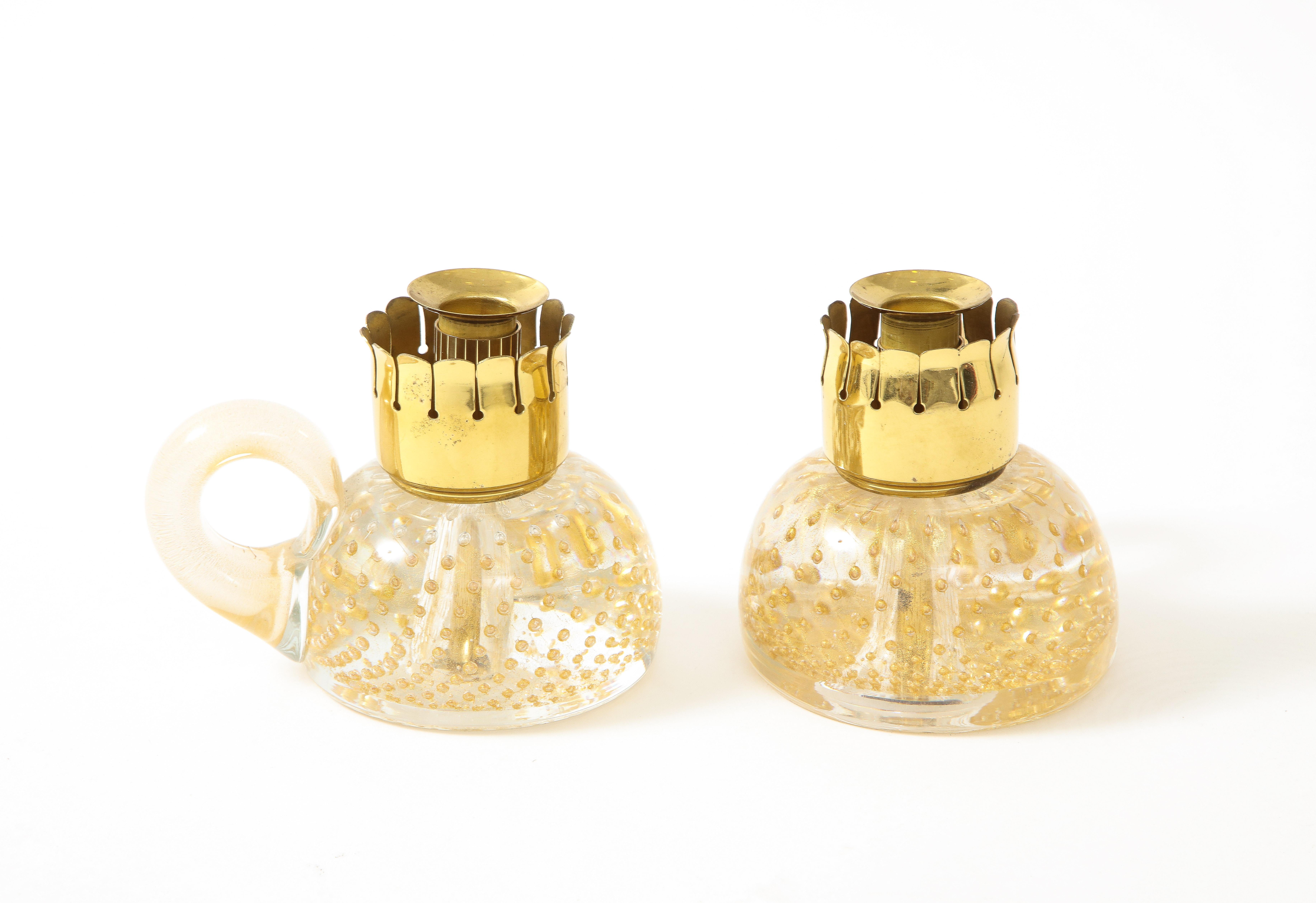 Mid-Century Modern Seguso Pair of Candle Holders in Transparent Glass & Gold Leaf Inclusions, 1950s For Sale