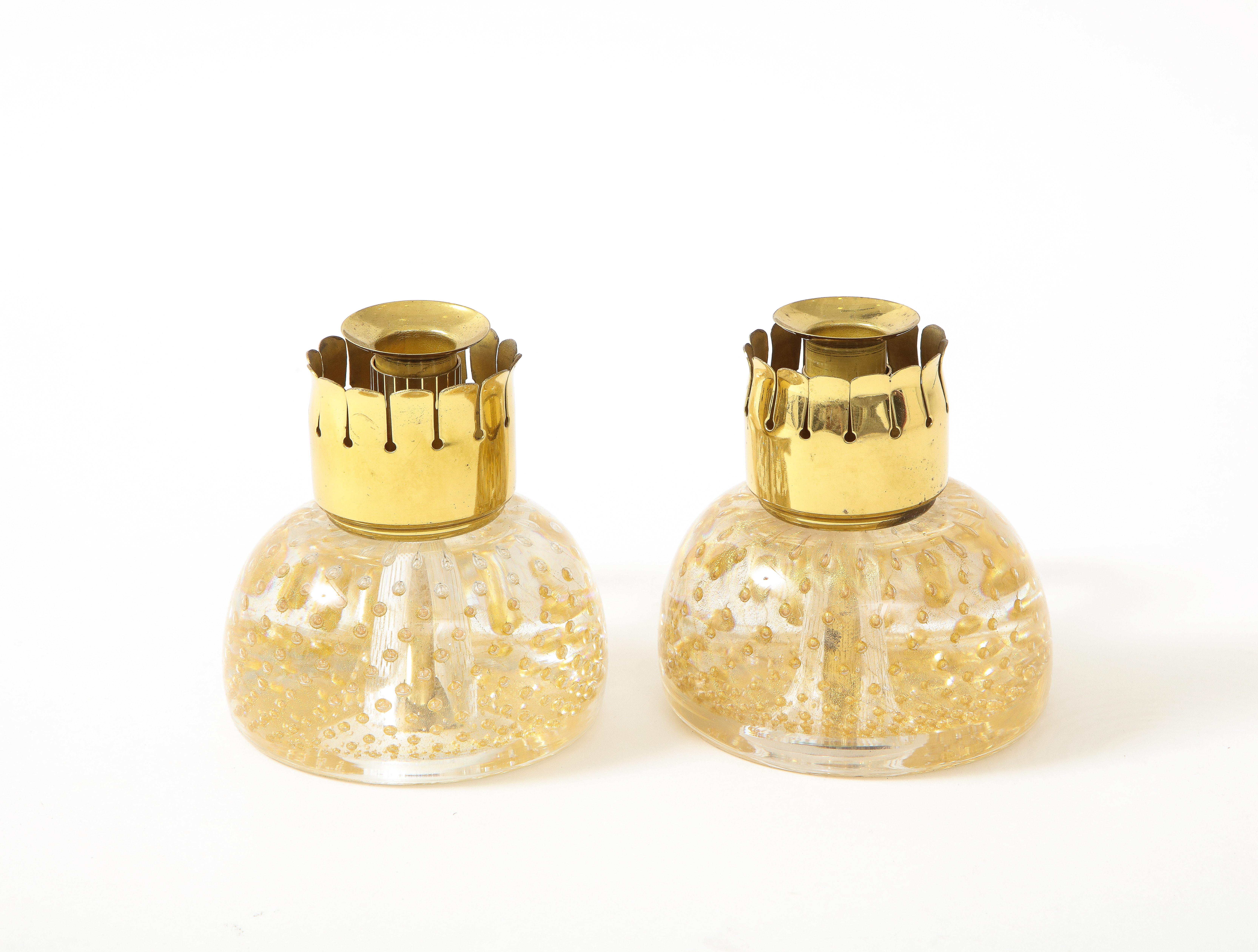 Italian Seguso Pair of Candle Holders in Transparent Glass & Gold Leaf Inclusions, 1950s For Sale
