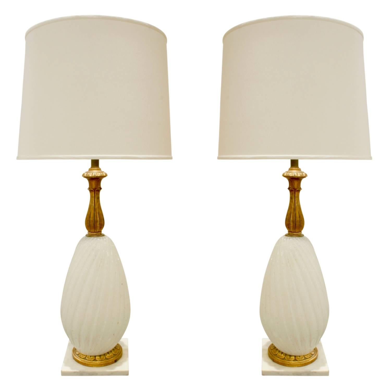 Seguso Pair of Gilded Handblown Glass Table Lamps, 1950s