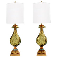 Seguso Pair of Hand Blown Glass "Sommerso" Table Lamps 1960s 'Signed'