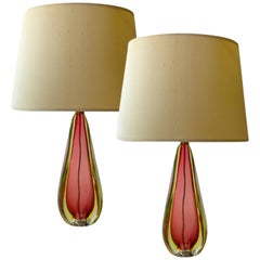 Seguso, Pair of Rubine Red and Chartreuse Green Murano Glass Table Lamps