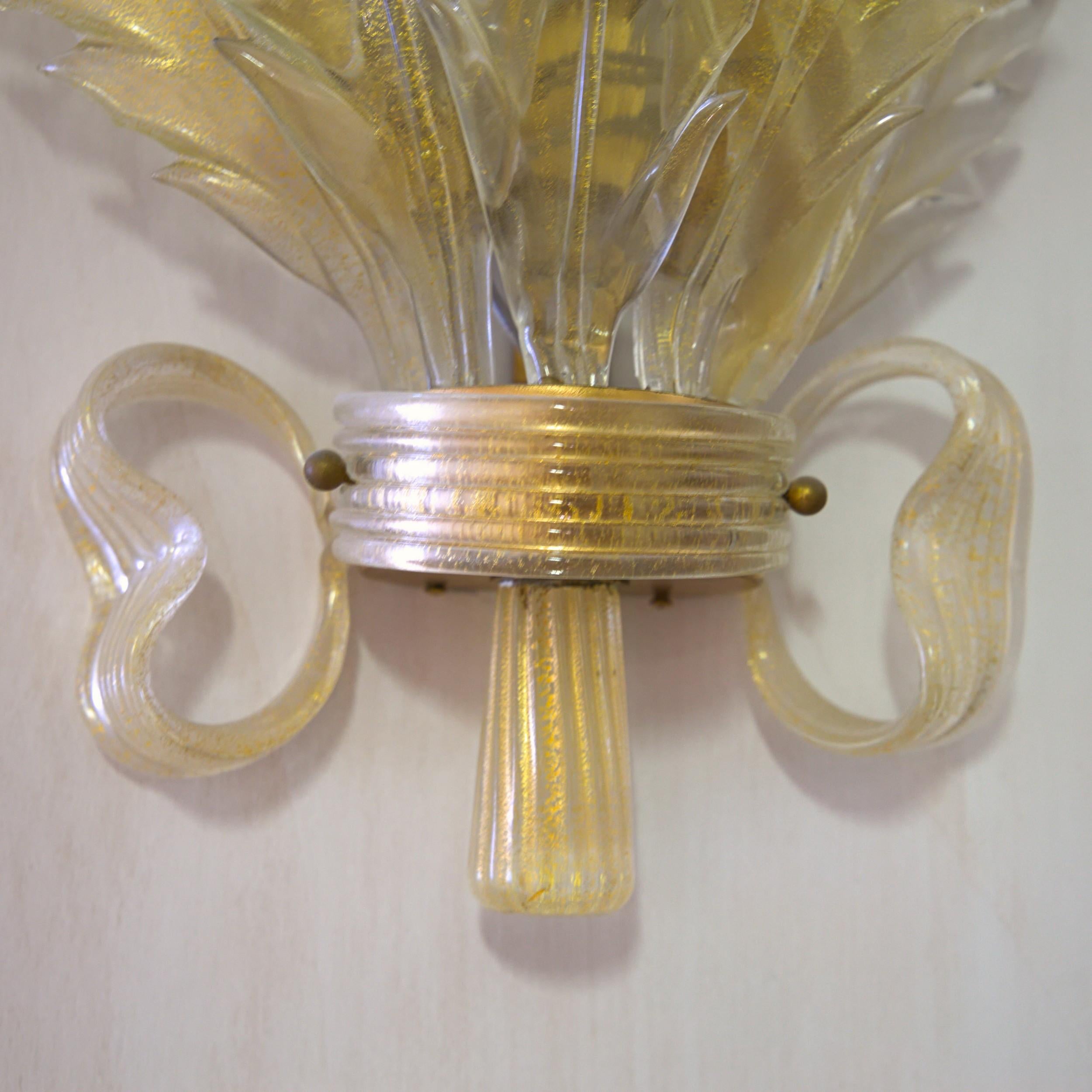 Art Deco Seguso Pair of Sconces, Murano Glass with Gold Leaf, Tulips, Leaves and Bow Deco For Sale