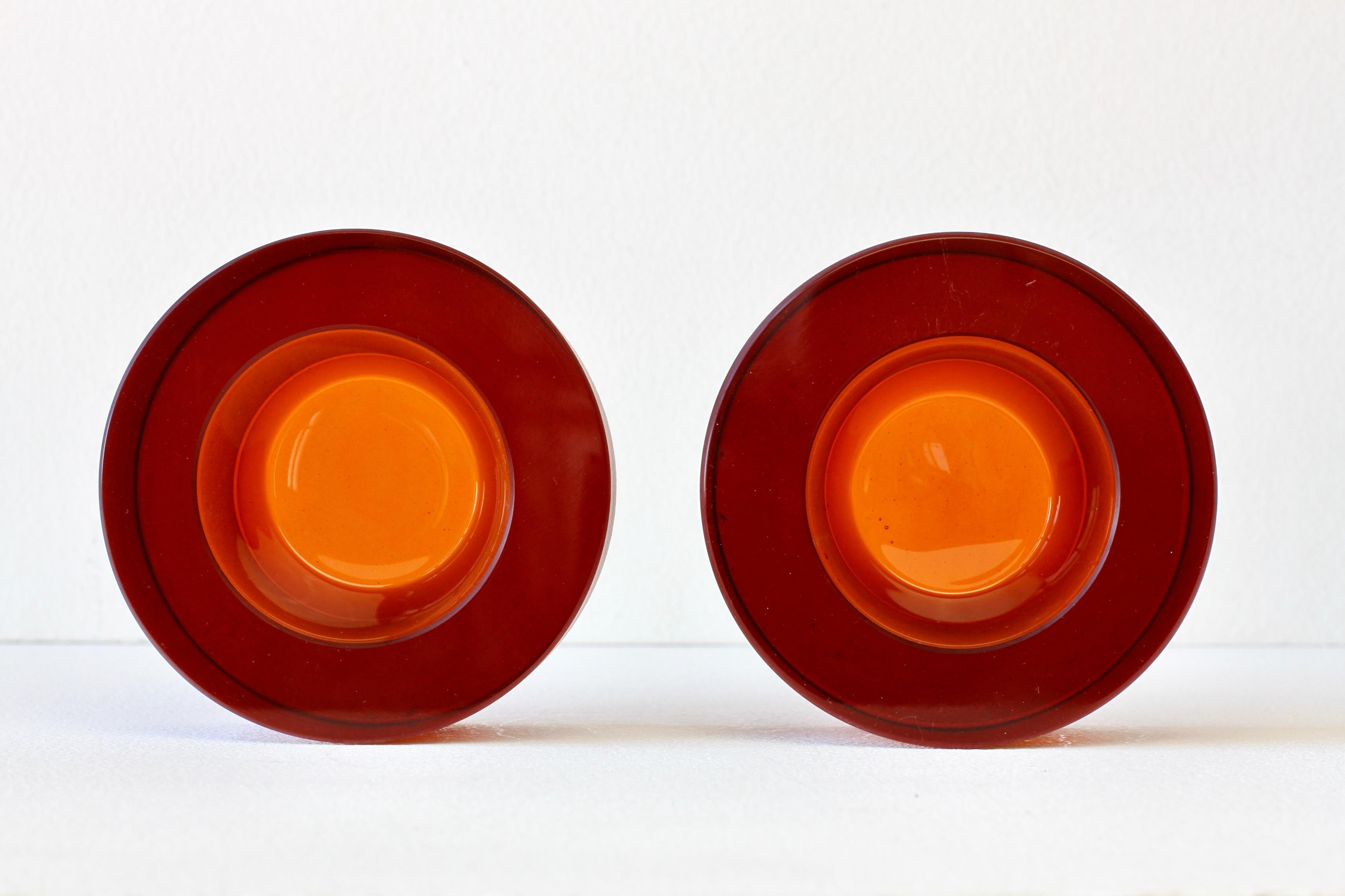 Seguso Pair of Thick Round Amber 'Scavo' Murano Glass Bowls or Ashtrays 1980s For Sale 3