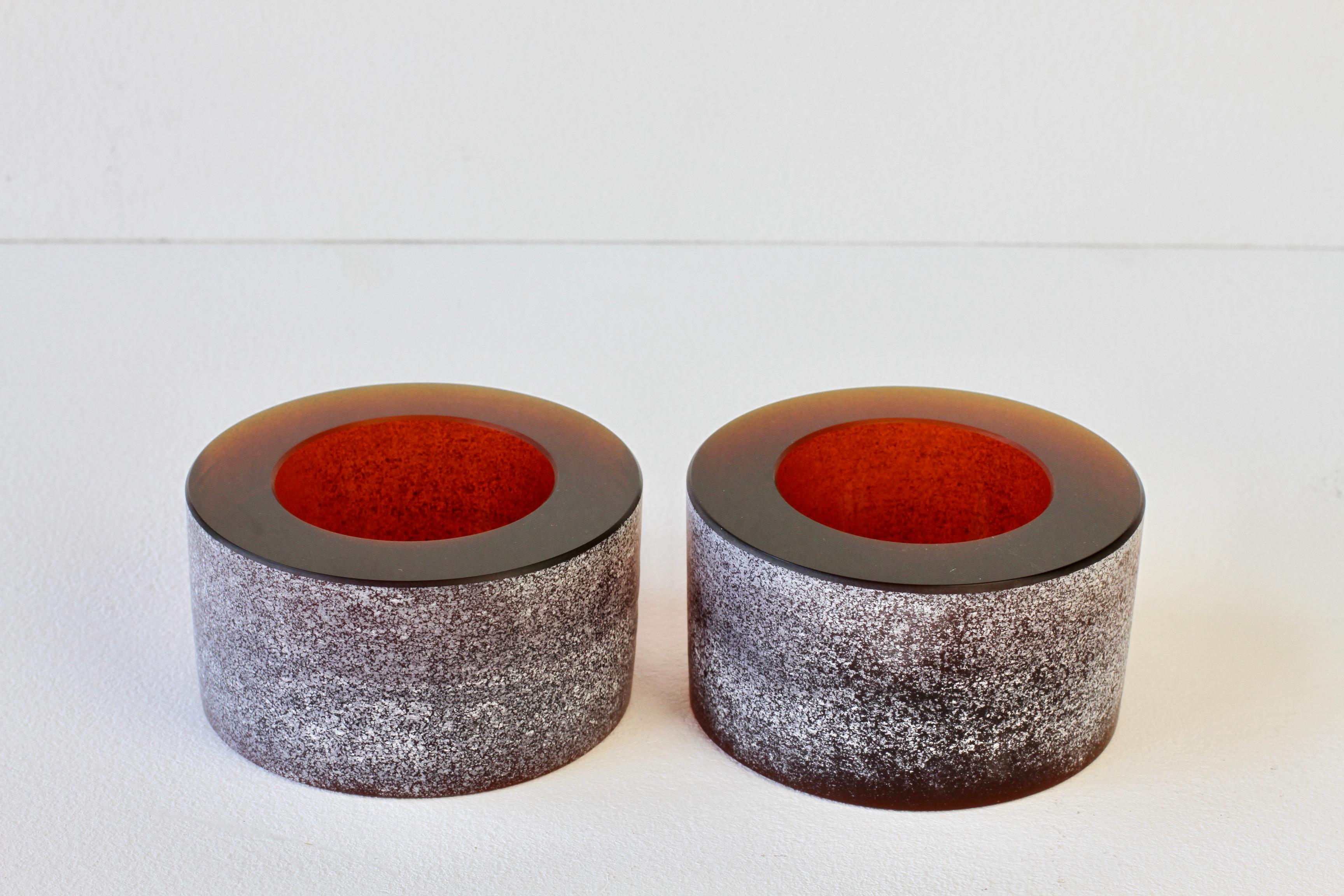 Blown Glass Seguso Pair of Thick Round Amber 'Scavo' Murano Glass Bowls or Ashtrays 1980s For Sale