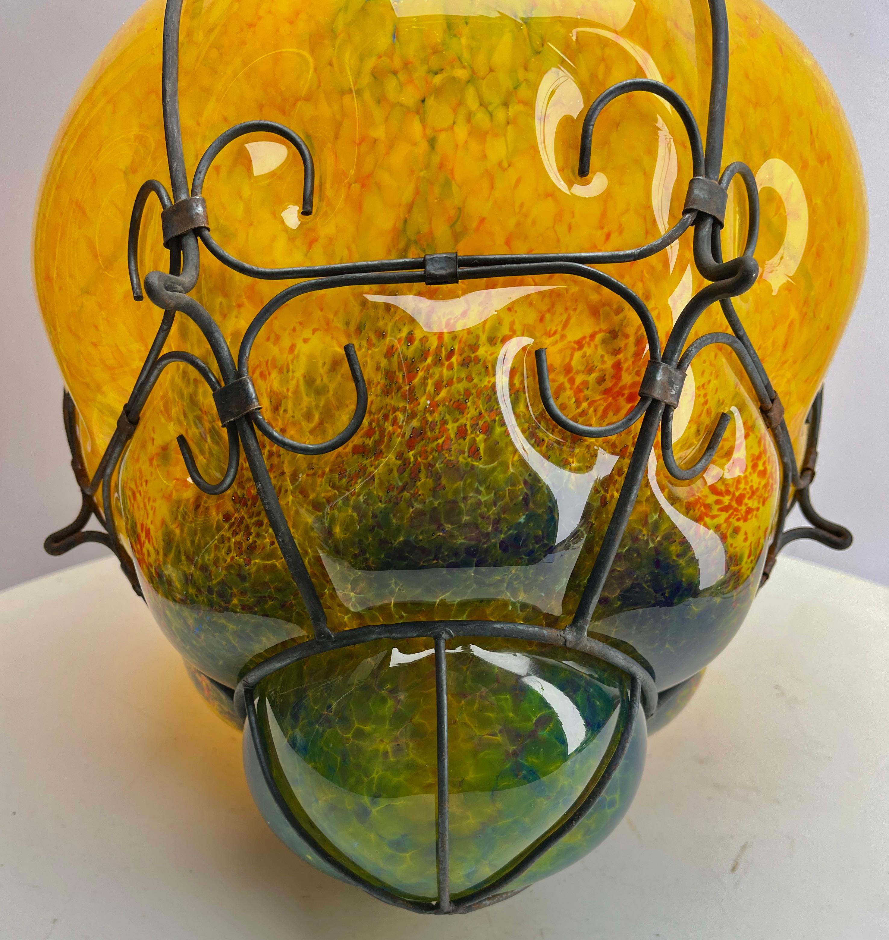 Seguso Pendant Lamp in Cage Fixture Murano Glass, 1950s For Sale 2