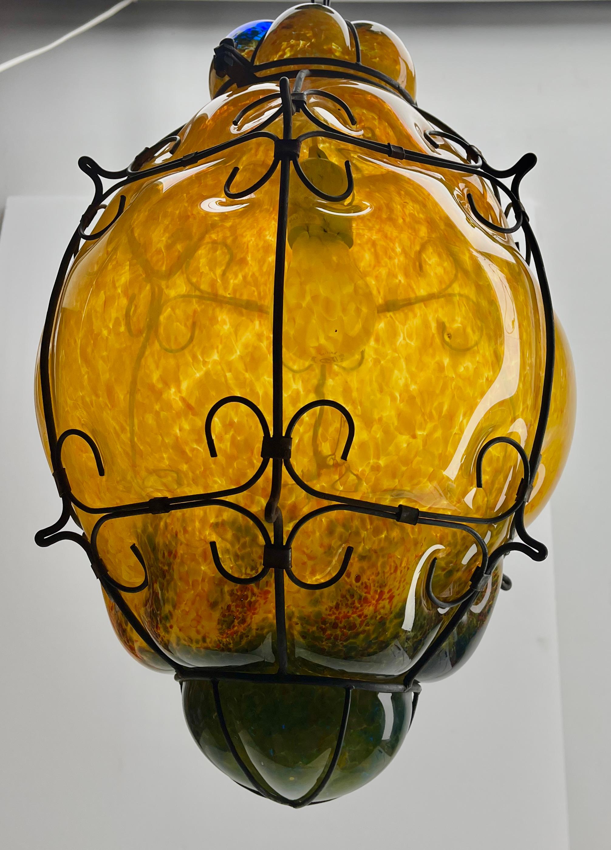 Mid-20th Century Seguso Pendant Lamp in Cage Fixture Murano Glass, 1950s For Sale