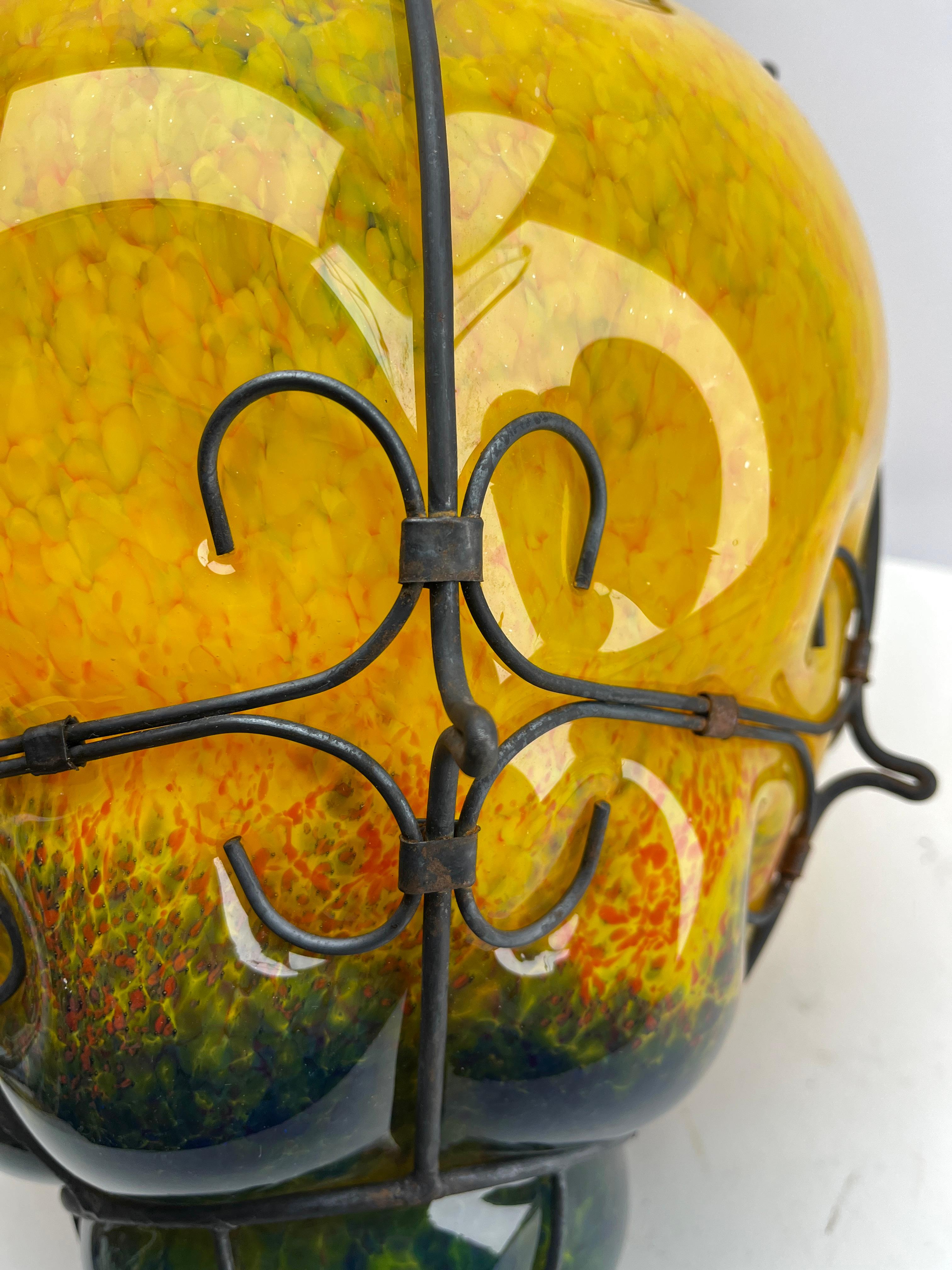 Metal Seguso Pendant Lamp in Cage Fixture Murano Glass, 1950s For Sale