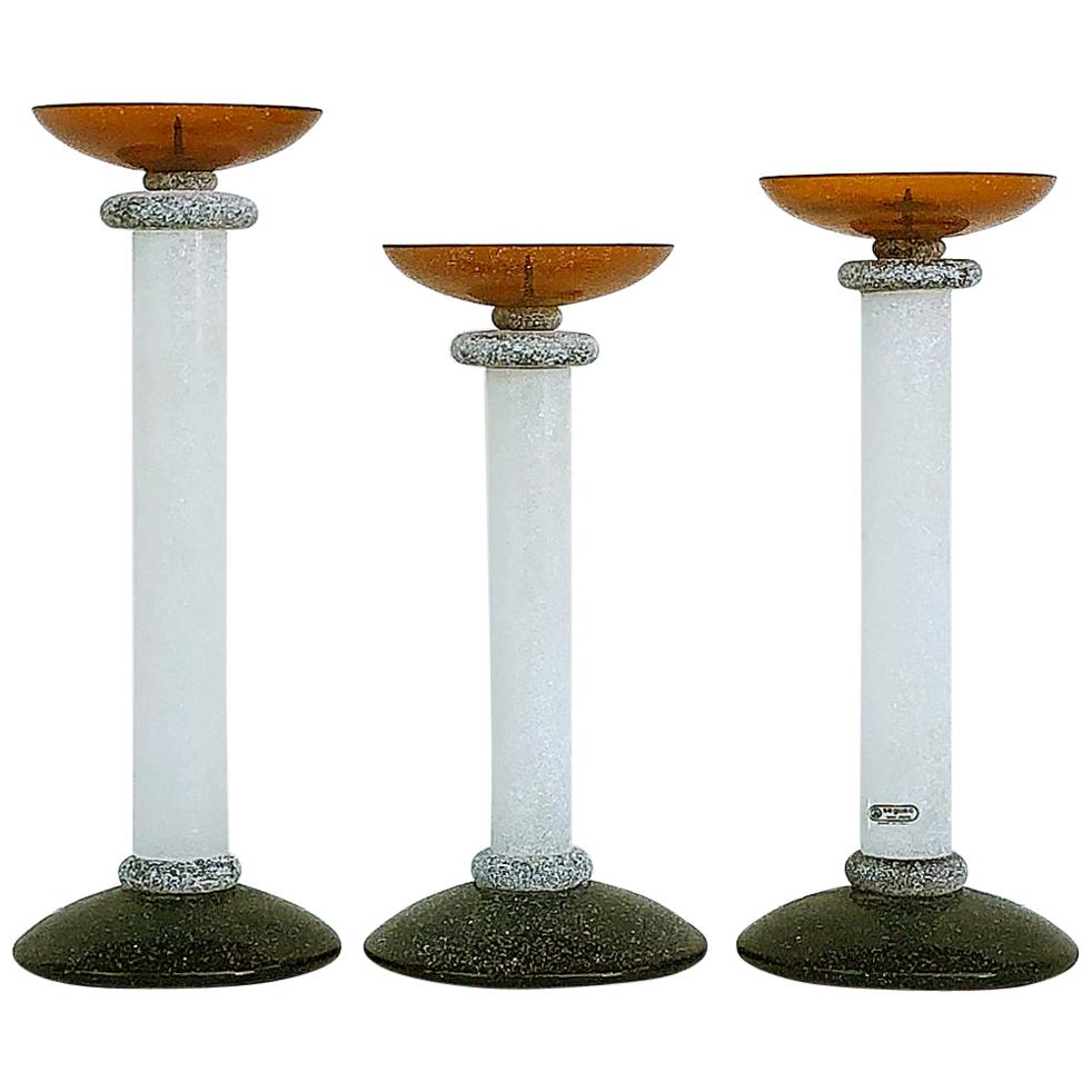 Seguso Scavo Candlesticks Attributed to Karl Springer, Set of Three