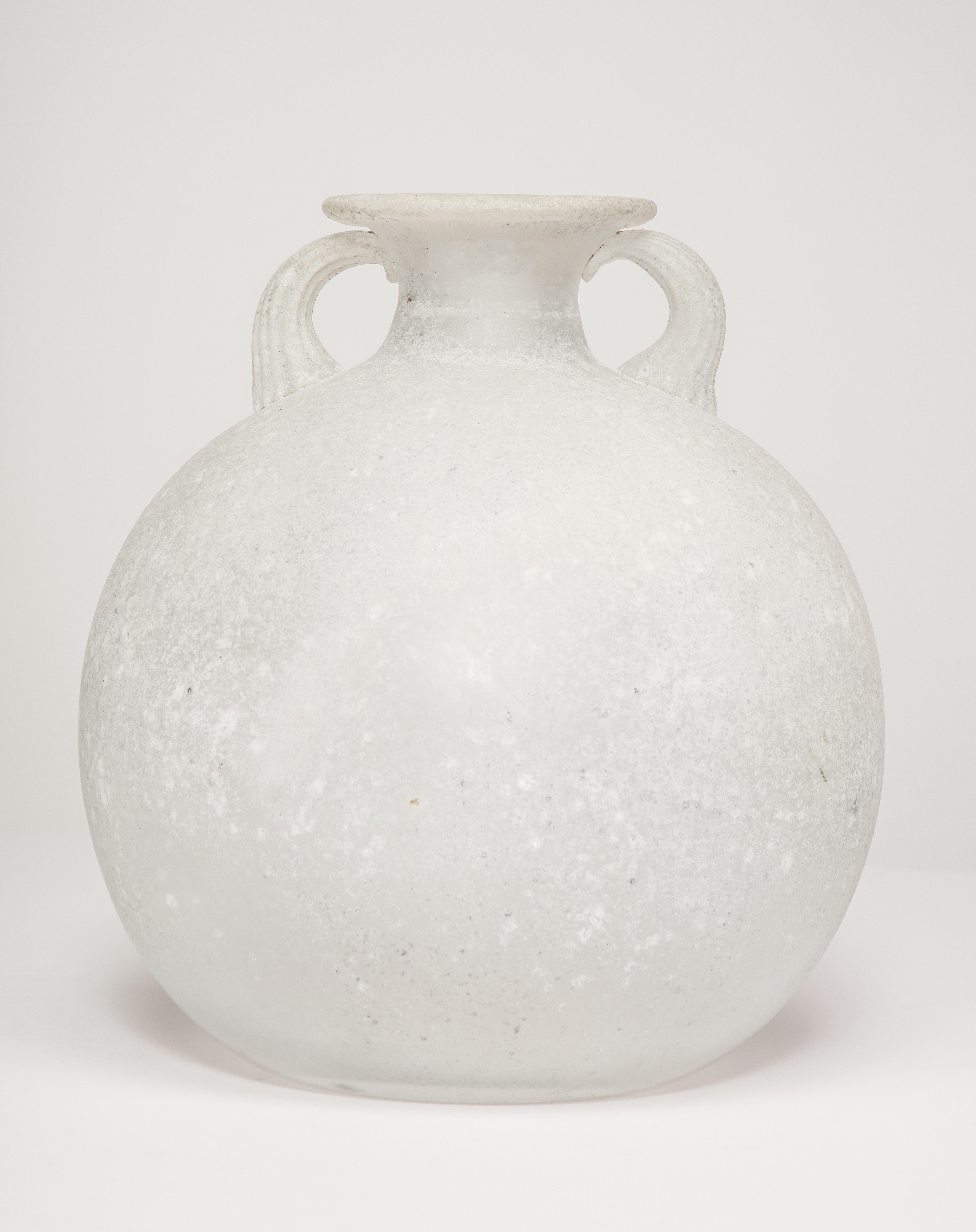 Seguso d'Arte Murano vase, scavo finish, 2 handles, etched signature on bottom.
 