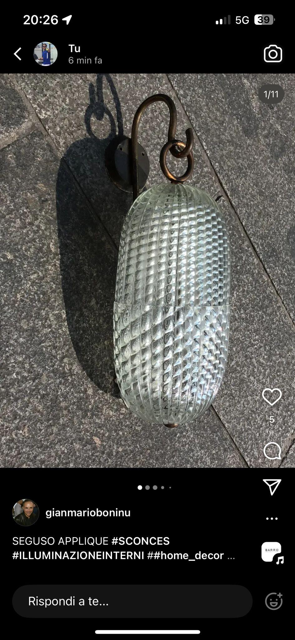 SEGUSO SCONCE mURANO GLASS BRASS 1950 ITALY For Sale 4