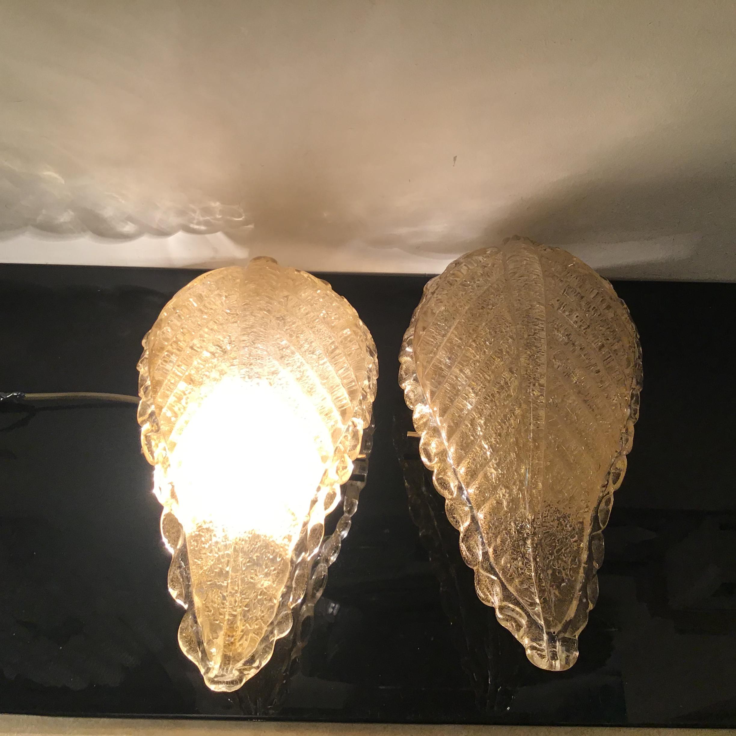 Seguso Sconces Brass Murano Glass Gold 1940 Italy In Excellent Condition For Sale In Milano, IT