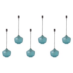Seguso Sky Blue Bollicine Murano glass pendant lamps, Italy 1950s