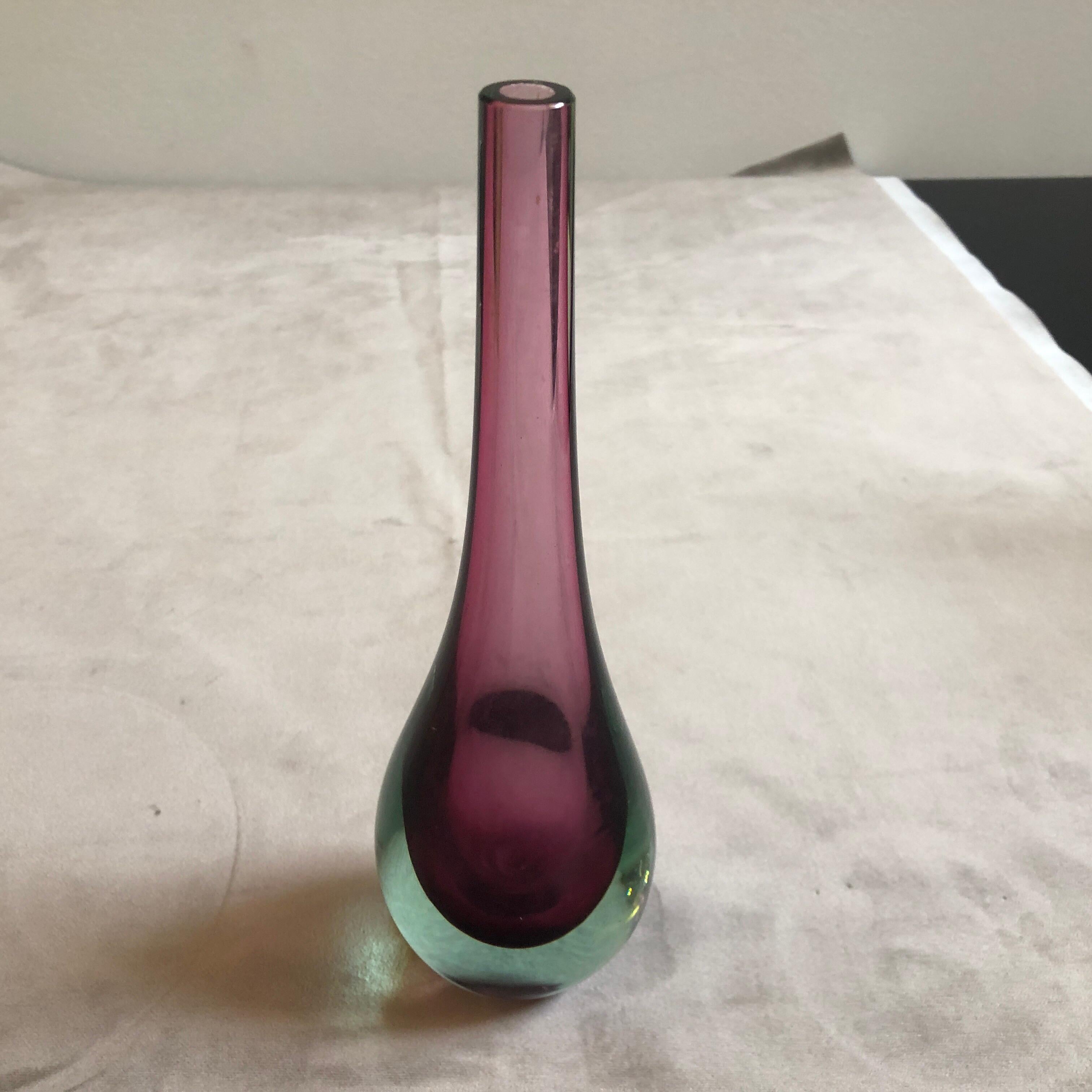 Seguso Sommerso Green and Purple Murano Glass Single Flower Vase, circa 1970 3