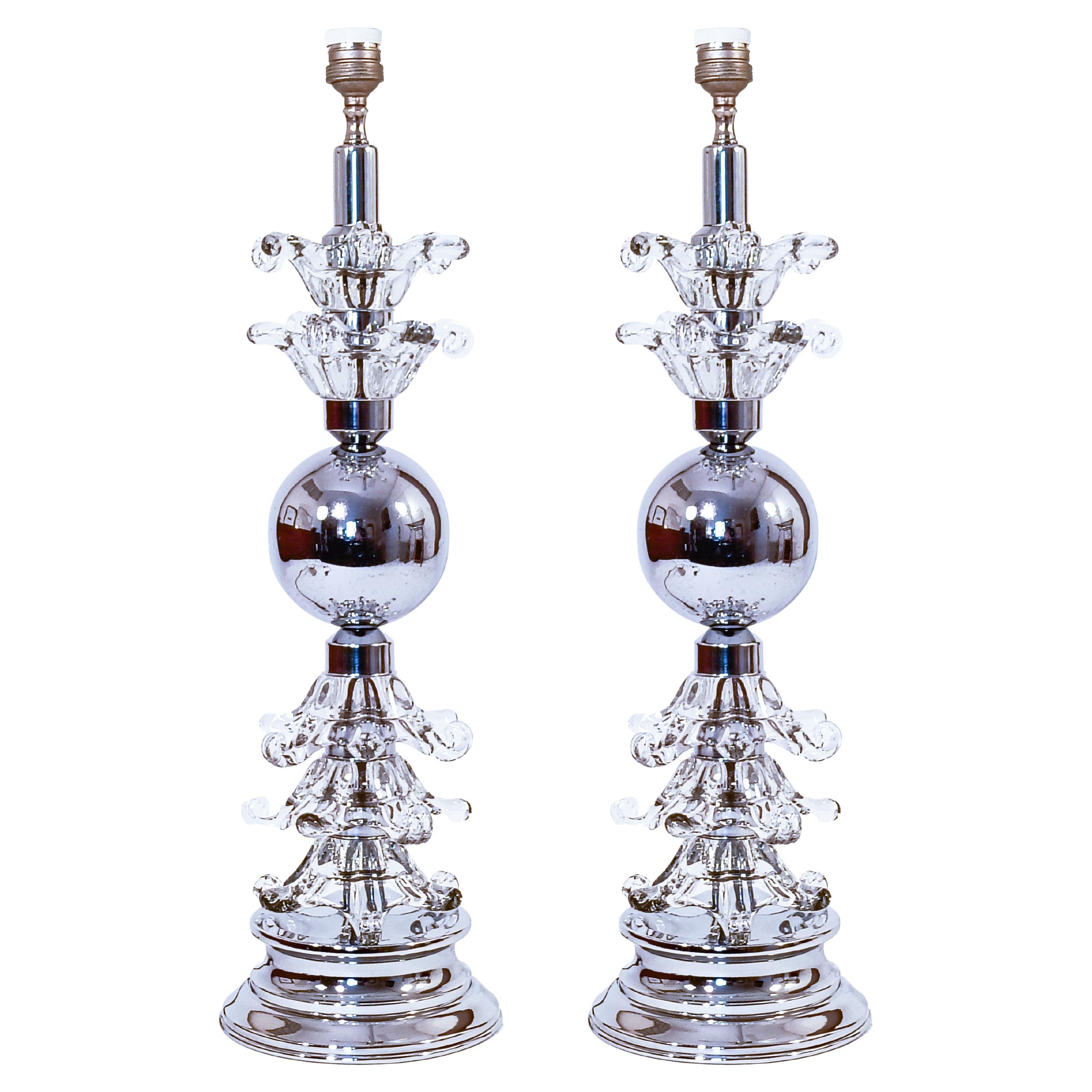 Venini style. Hollywood Regency Murano glass table lamps, Italy, 1970s For Sale