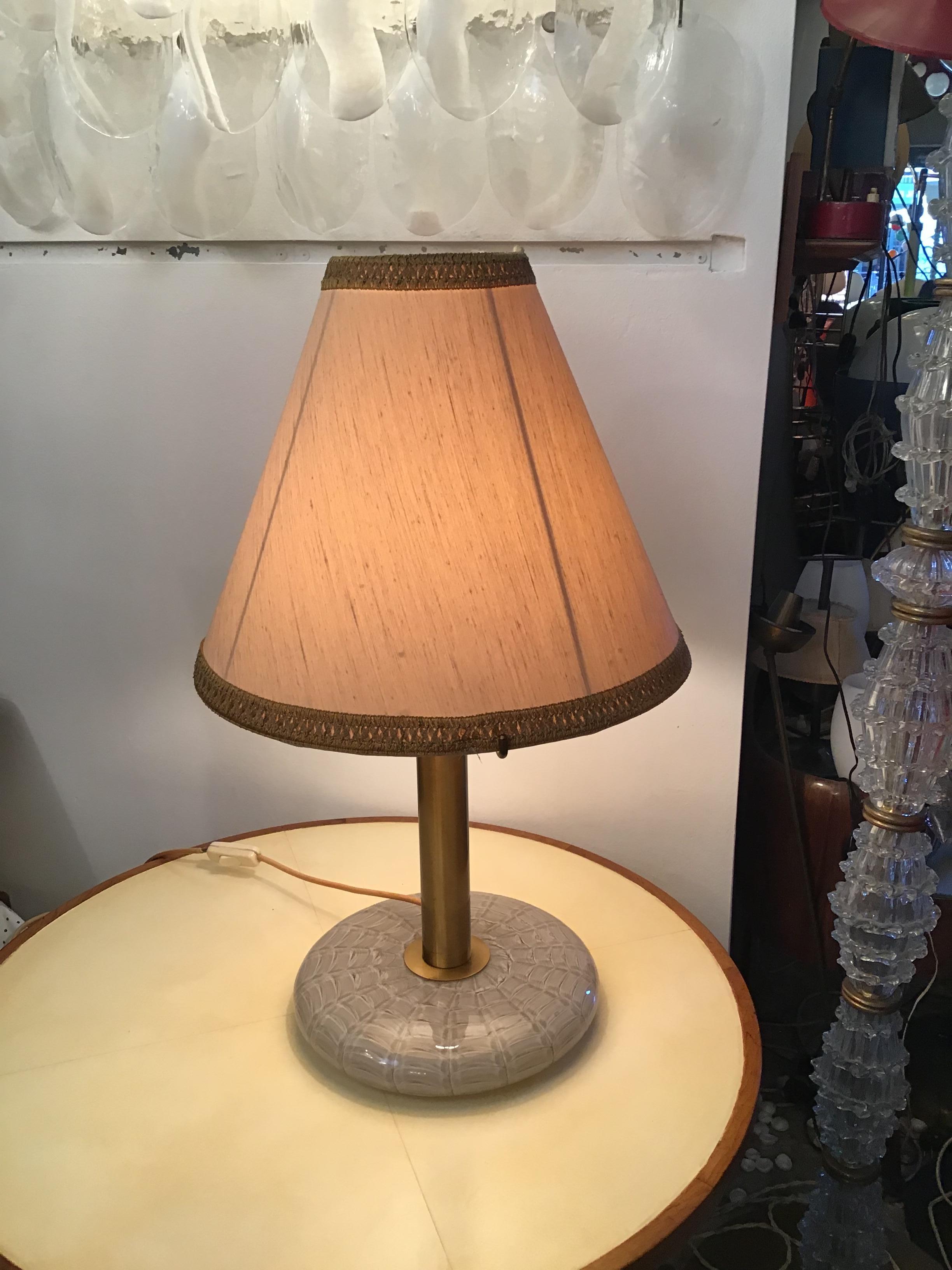 Seguso table lamp Feahered Murano glass brass frame and fabric lampshade, 1960.