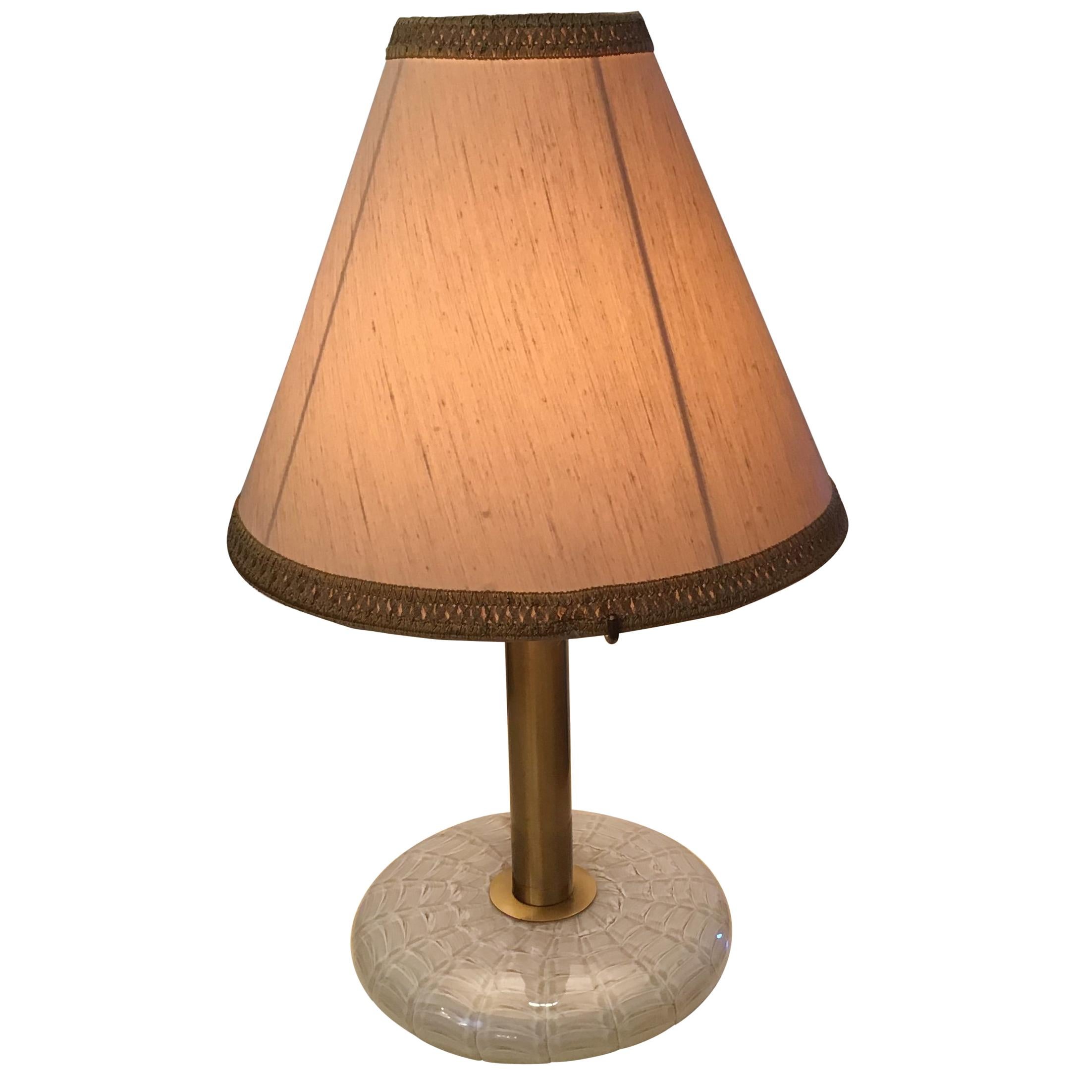 Seguso Table Lamp 1960 Feathered Murano Glass Brass Frame and Fabric Lampshade