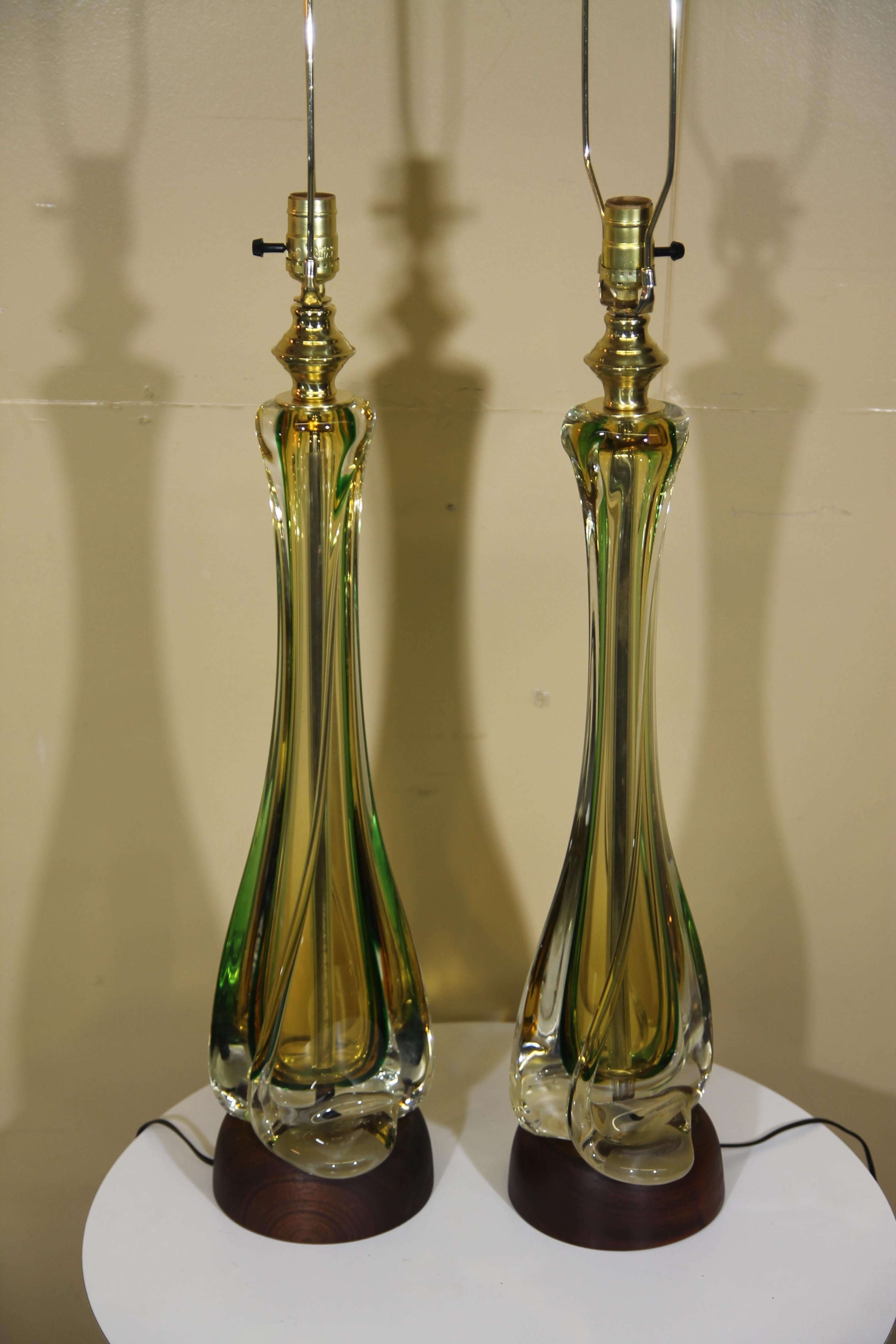 Great large format Murano glass Seguso designed table Lamps. The glass is a stunning mix of green, yellow and clear. Lamps have had the hardware replaced.