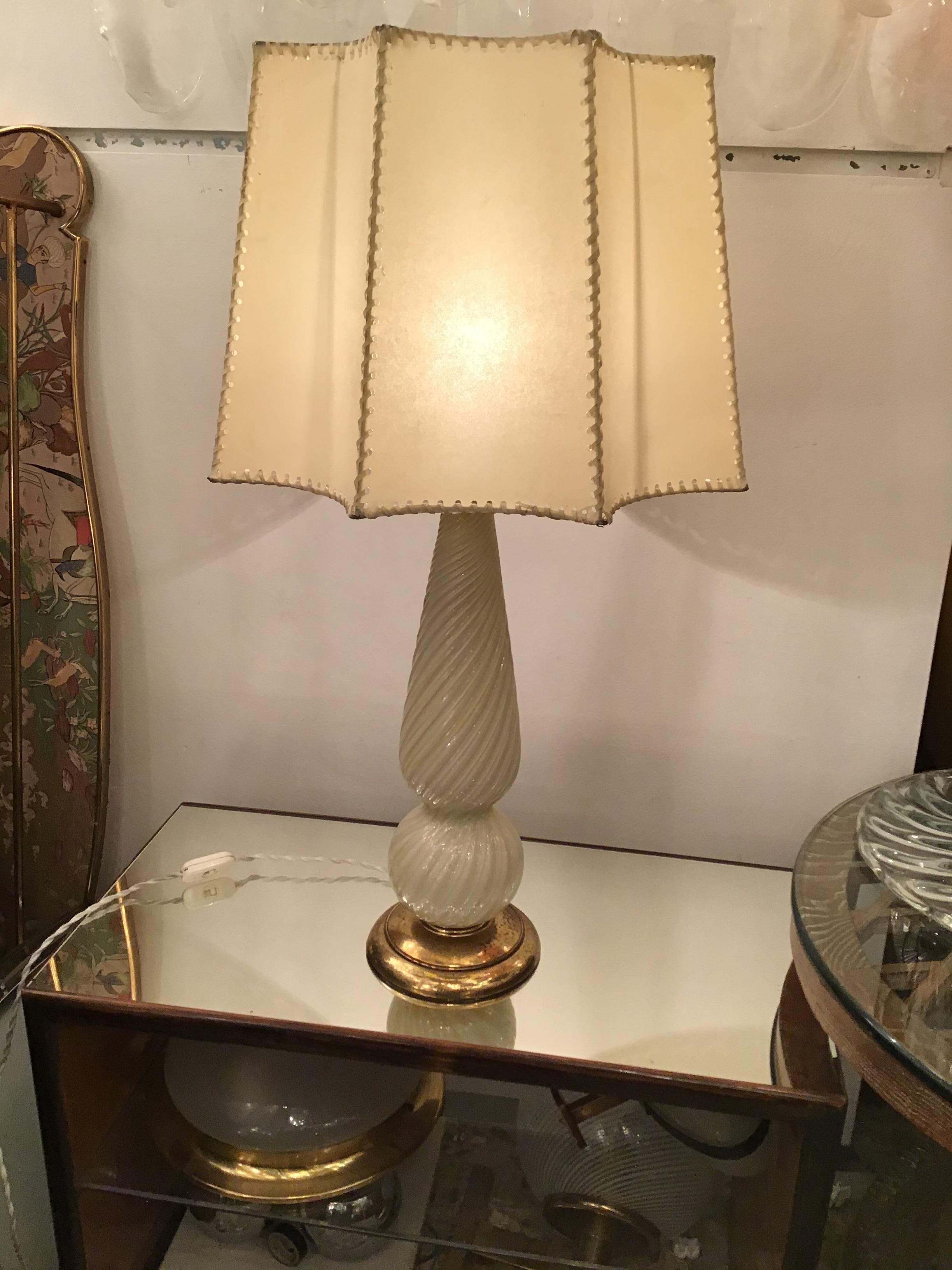 Italian Seguso Table Lamp Murano Glass Brass Lampshade, 1940, Italy For Sale