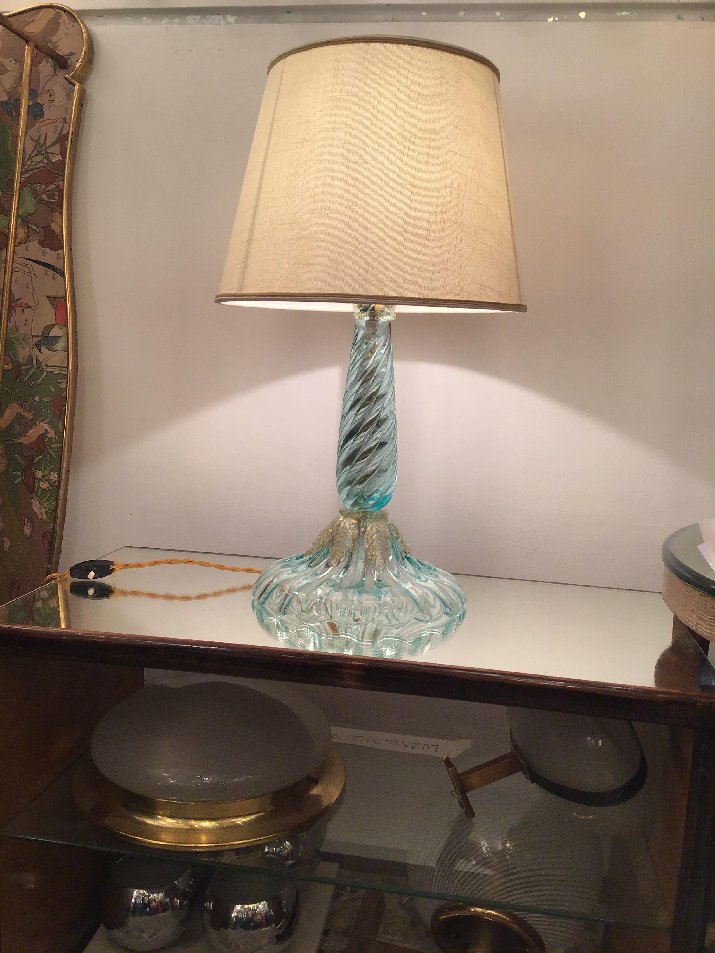 Other Seguso Table Lamp Murano Glass Fabric Lampshade, 1940, Italy For Sale