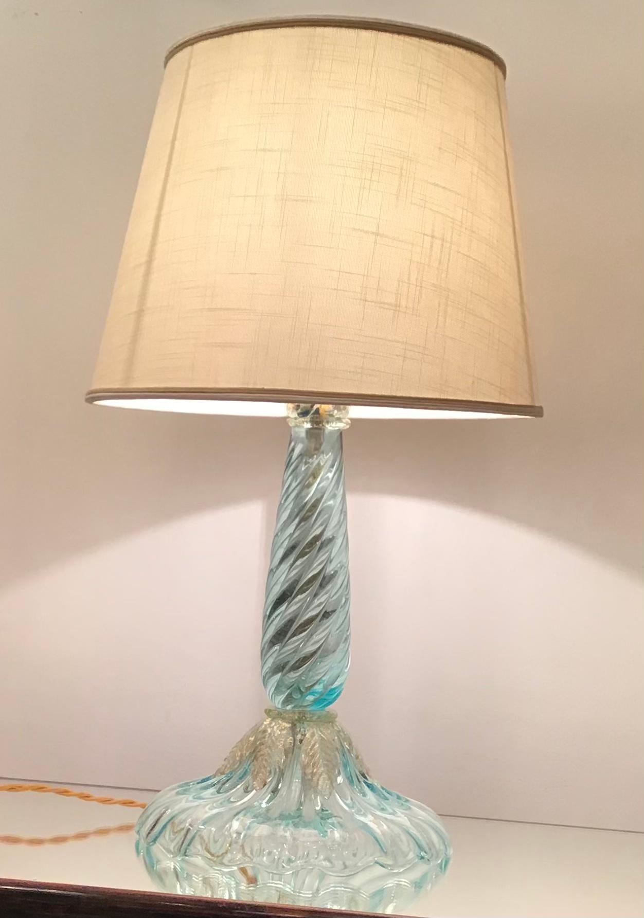 Italian Seguso Table Lamp Murano Glass Fabric Lampshade, 1940, Italy For Sale