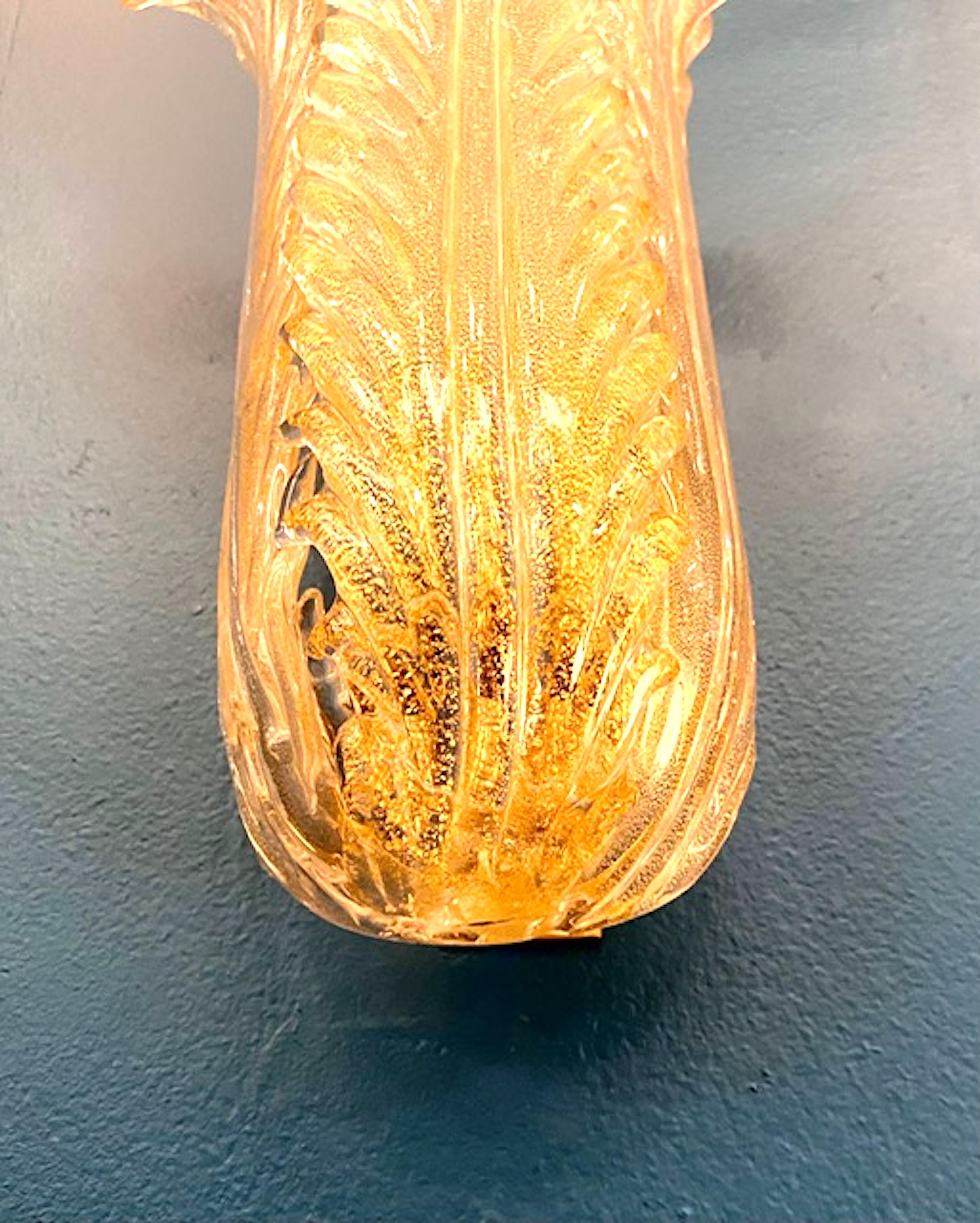 Seguso Vetri D' Arte 1950er Jahre dokumentiert Aventurin Glas Blatt Wandleuchter 