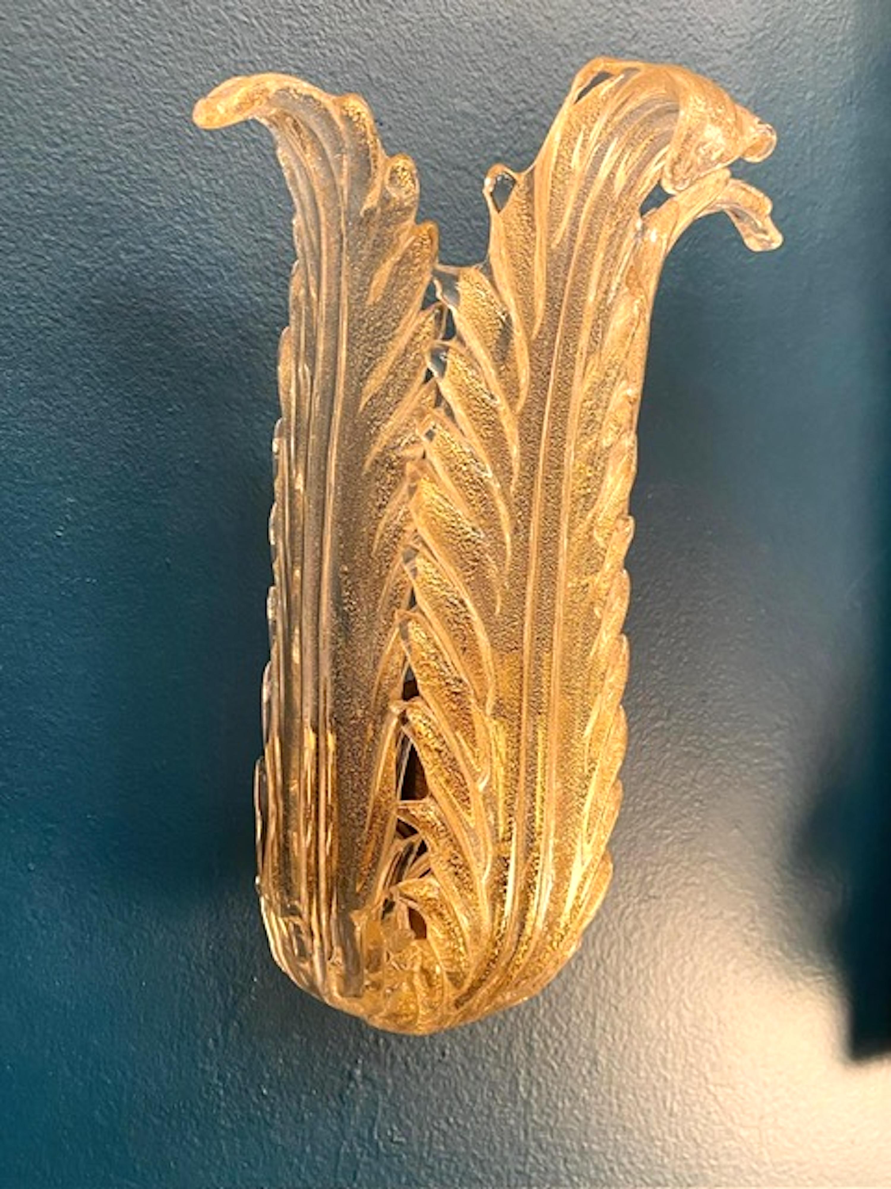 Seguso Vetri D' Arte 1950er Jahre dokumentiert Aventurin Glas Blatt Wandleuchter 